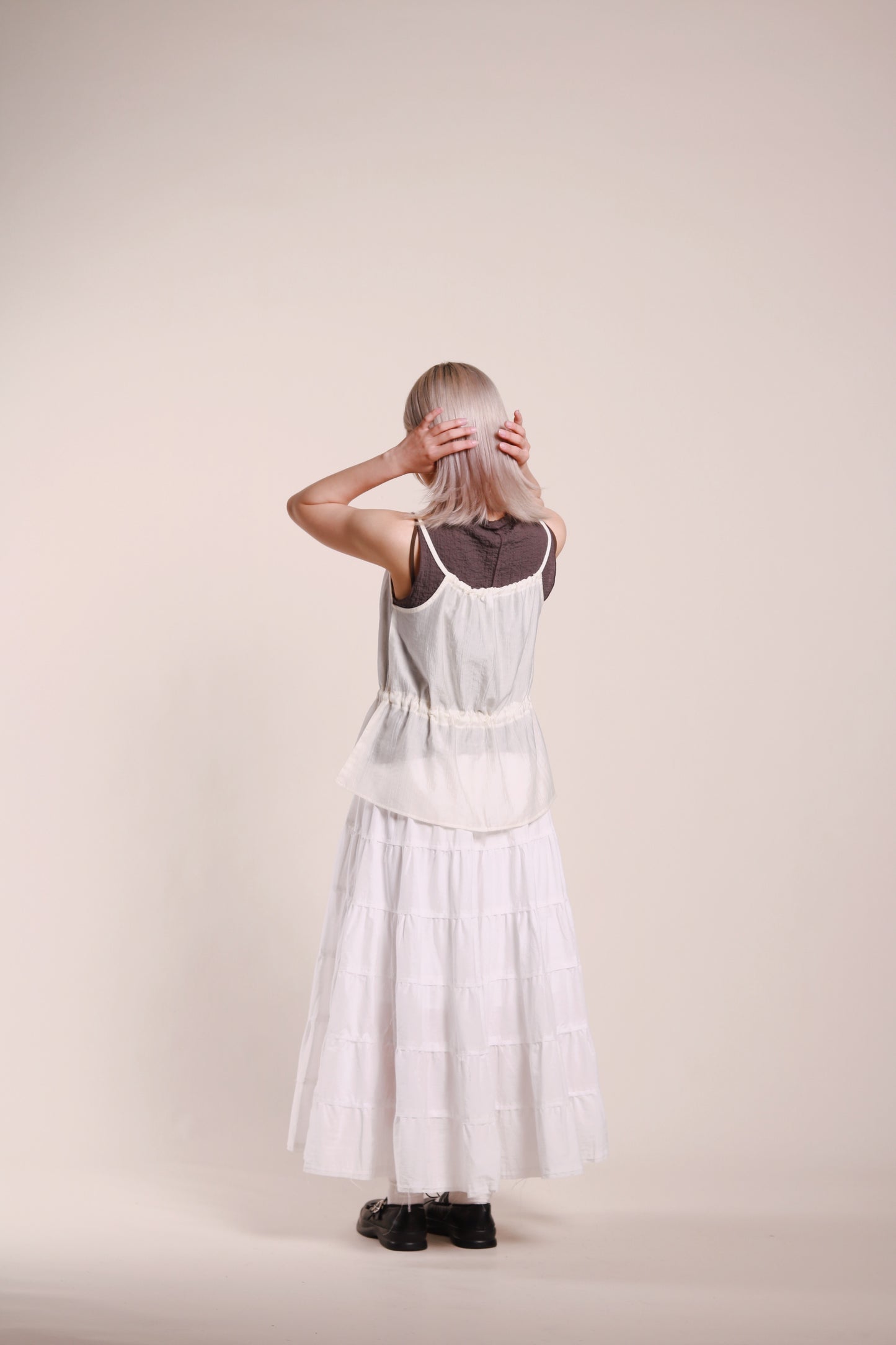Gathered Ribbon Sleeveless Top (Ivory)
