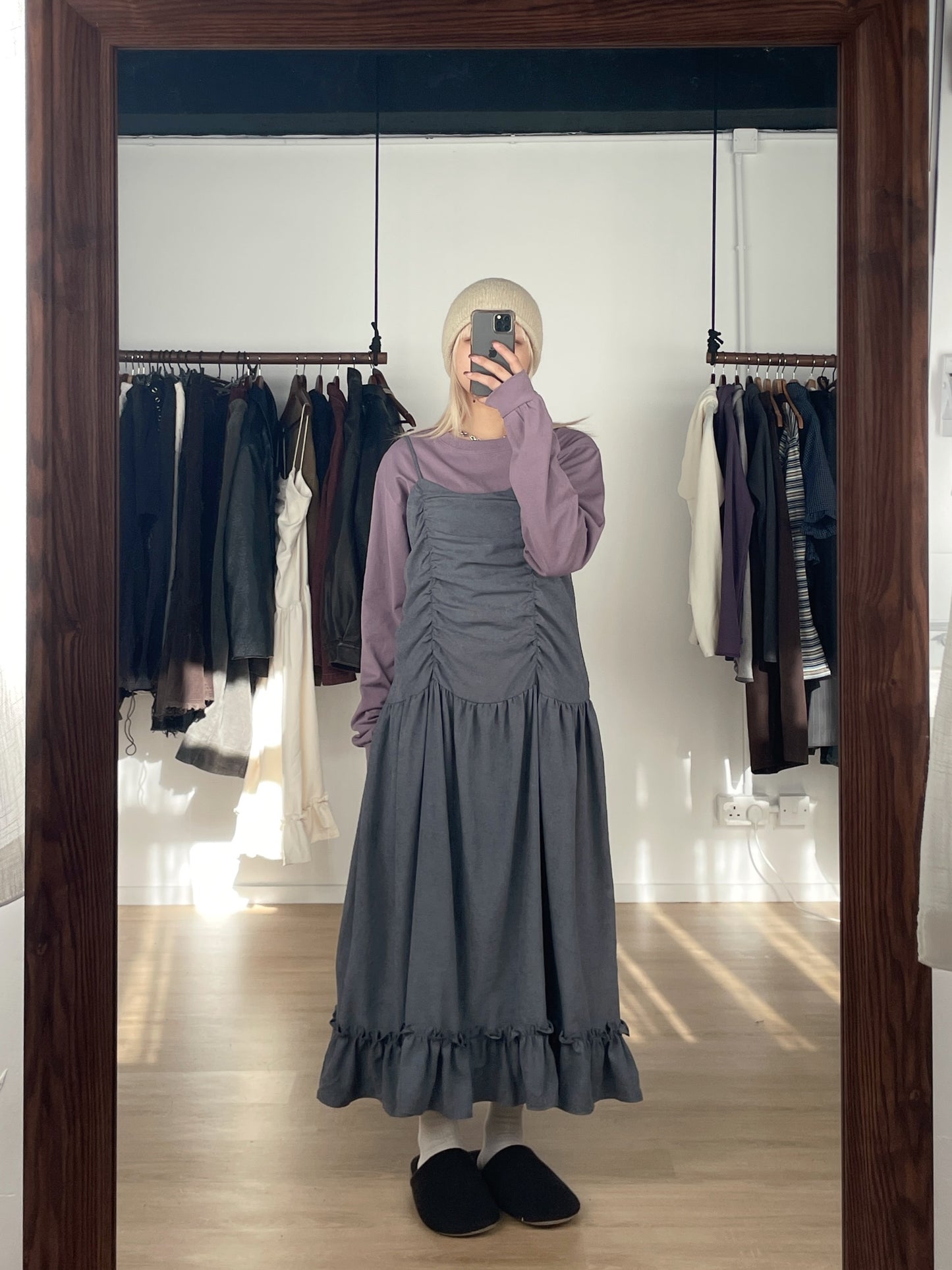 Doll Gathered Ruffle Dress (Grey Blue)