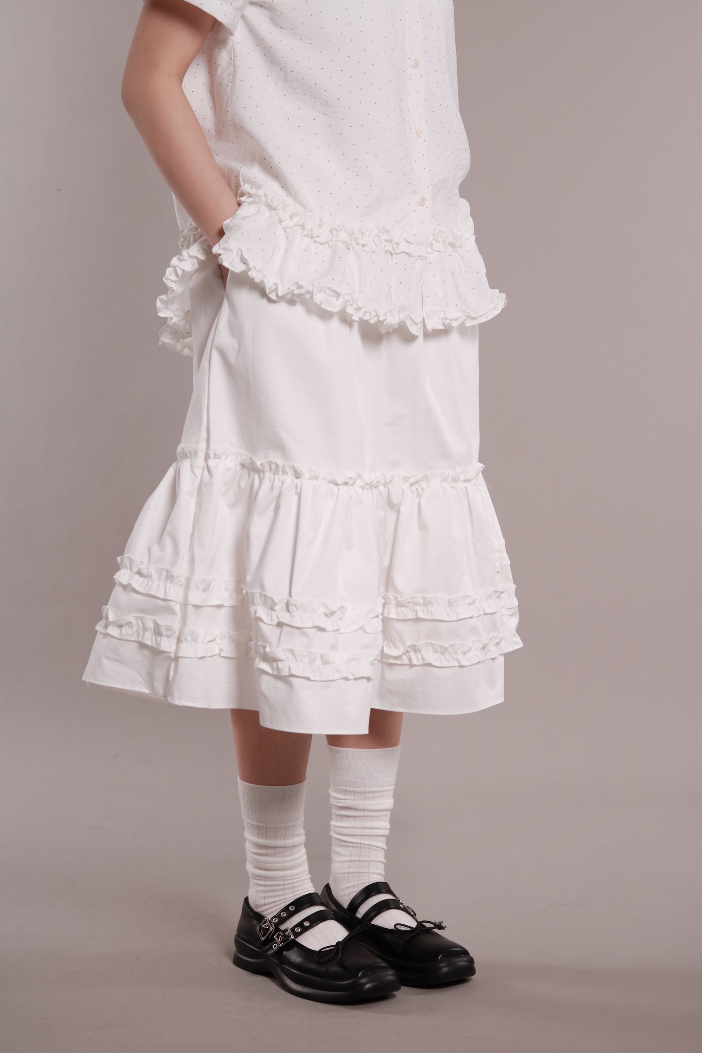 Doll Ruffle Midi Skirt (White)