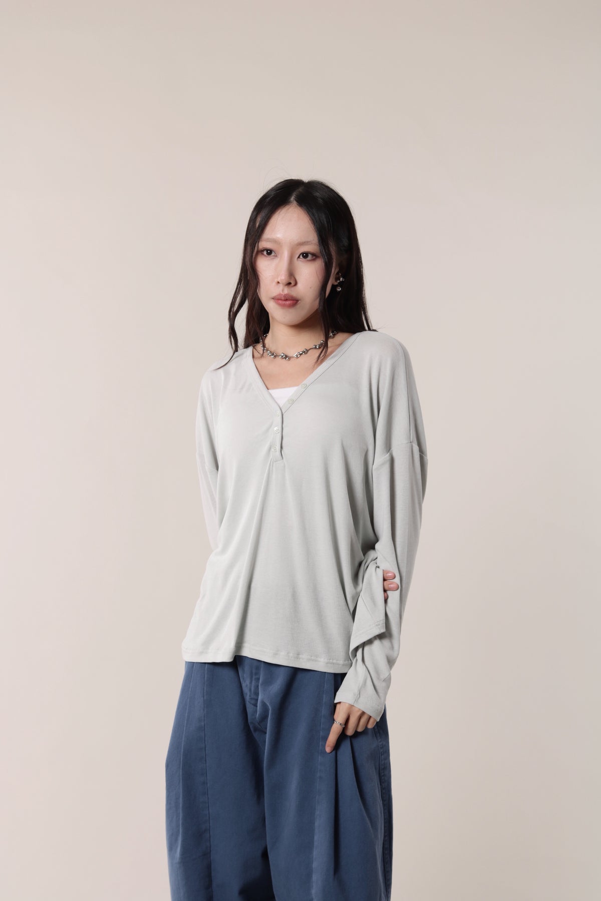 Lazy Button Long Tee (Mint Grey)