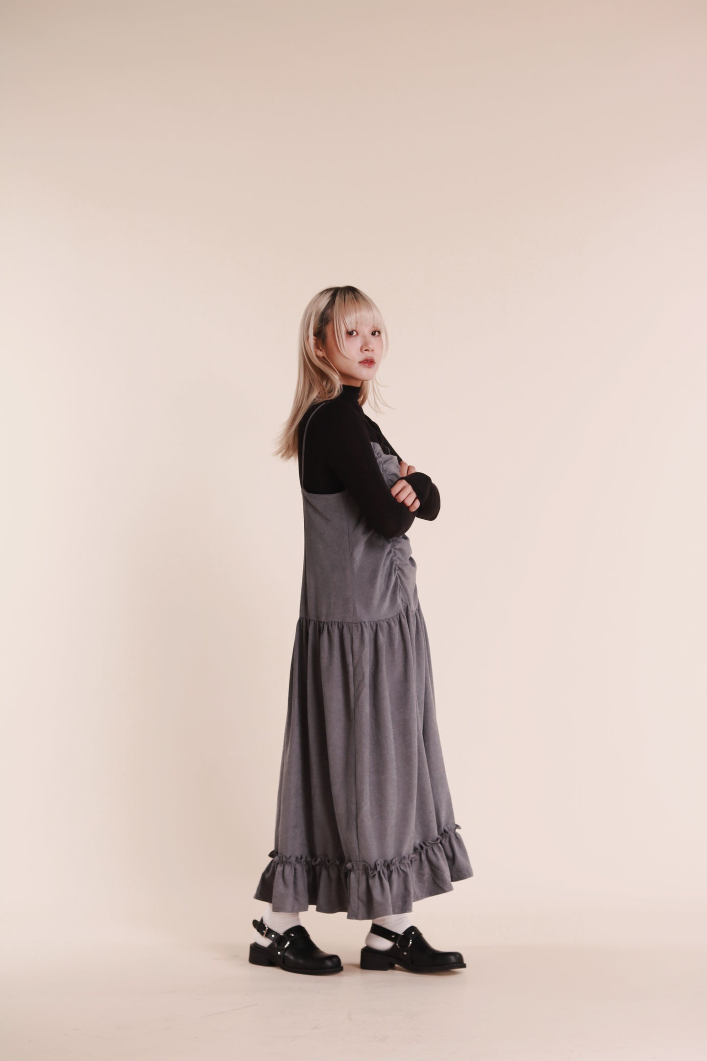 Doll Gathered Ruffle Dress (Grey Blue)