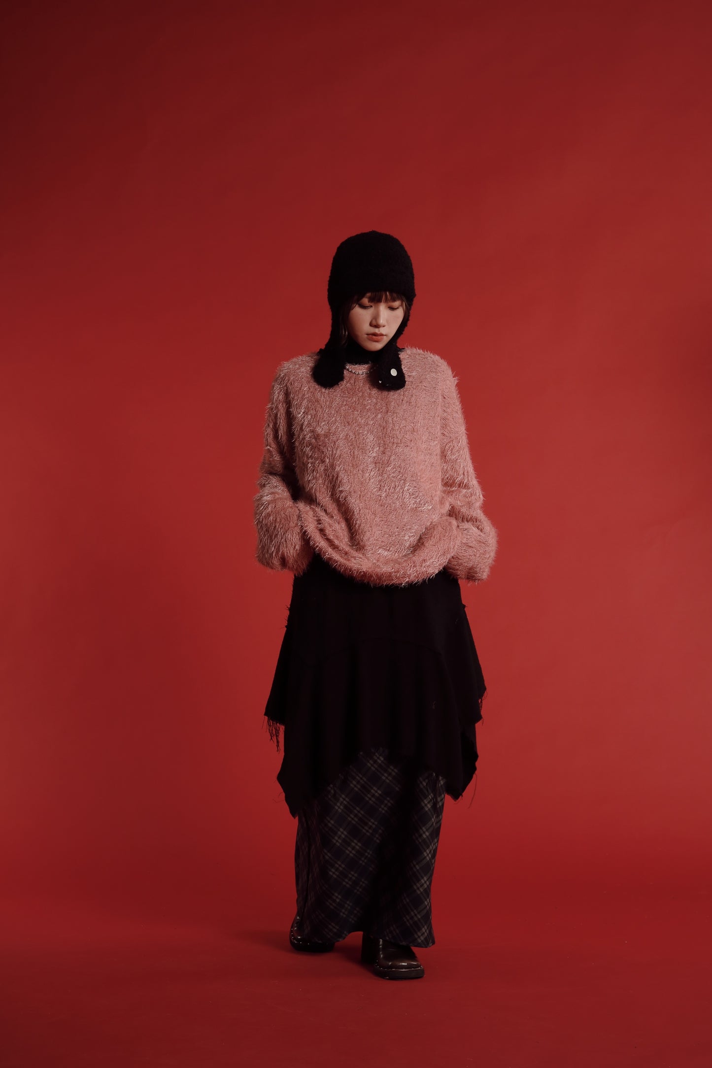 Checkered Slit Skirt (Navy)