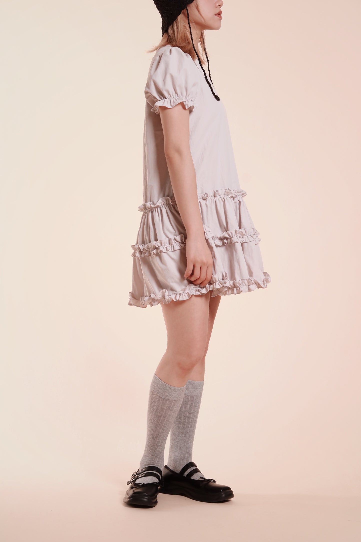 Doll Puff Sleeve Mini Dress (Grey)