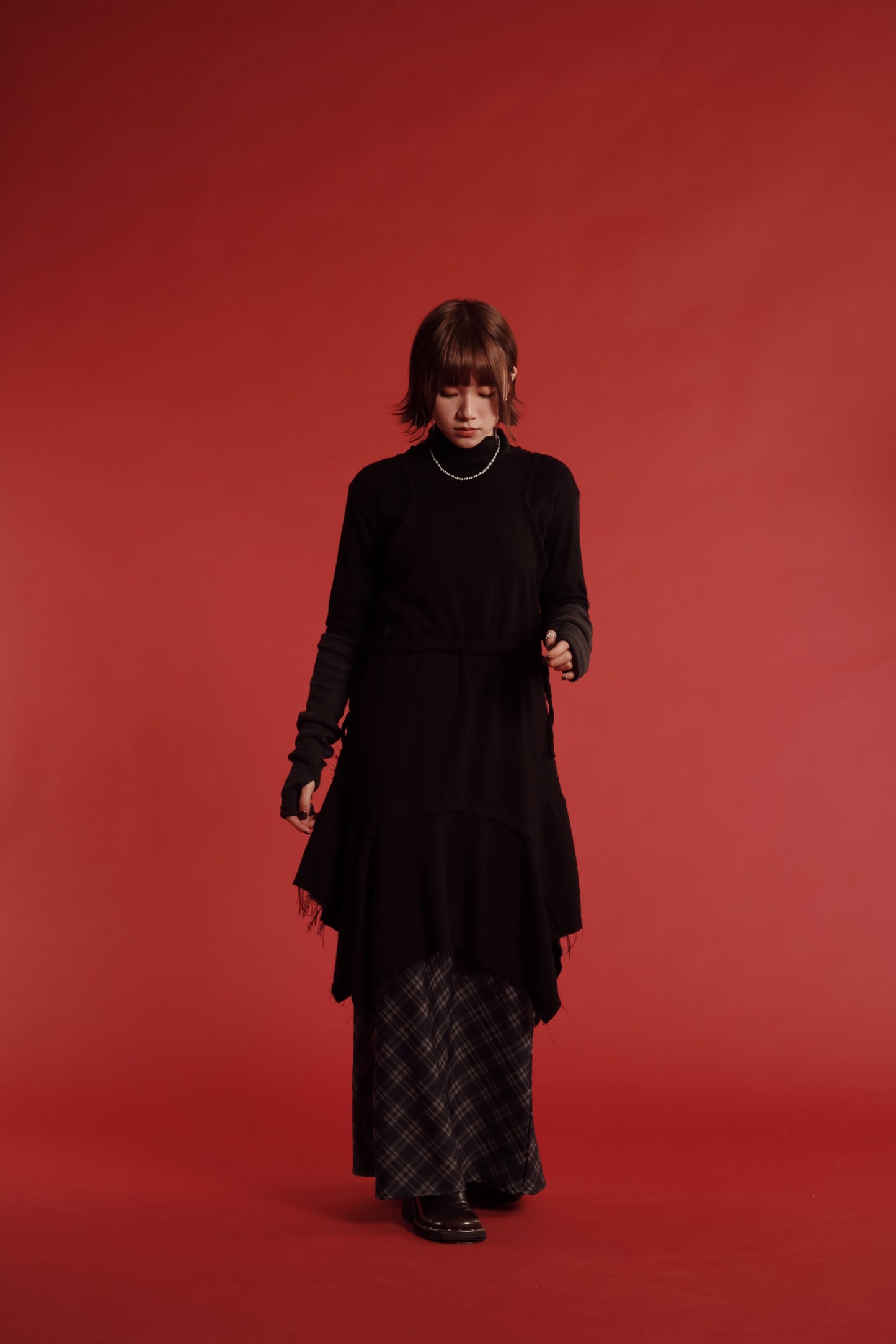 Checkered Slit Skirt (Navy)