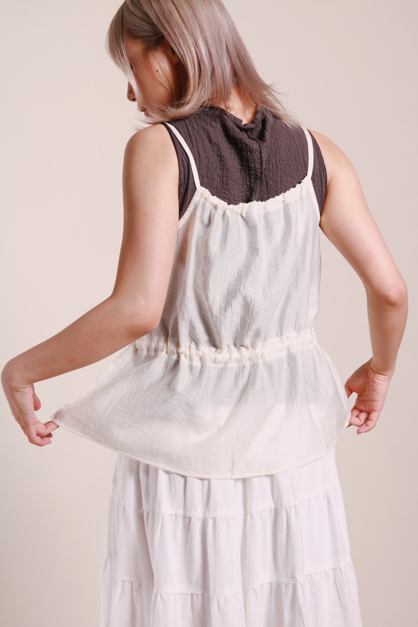 Gathered Ribbon Sleeveless Top (Ivory)