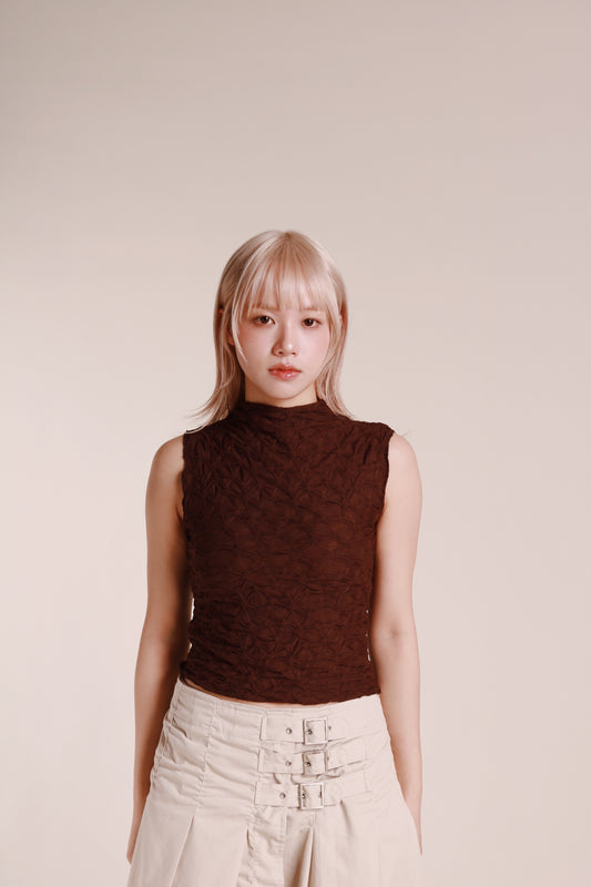 Autumn Gathered Sleeveless Top (Brown)