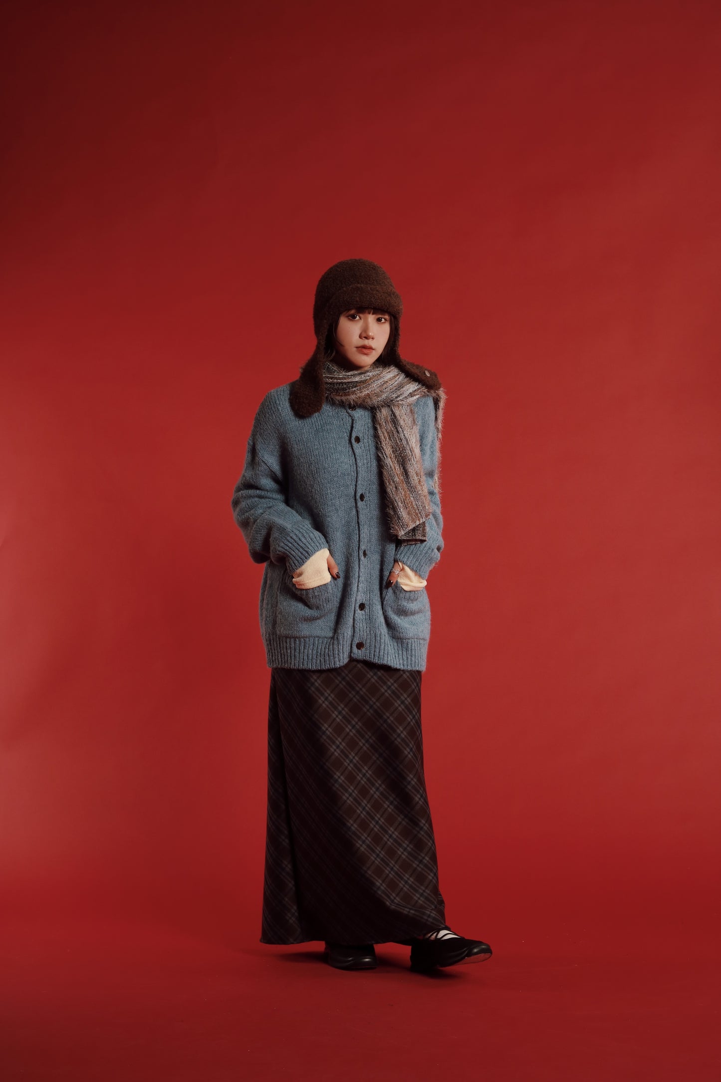 Checkered Slit Skirt (Brown)