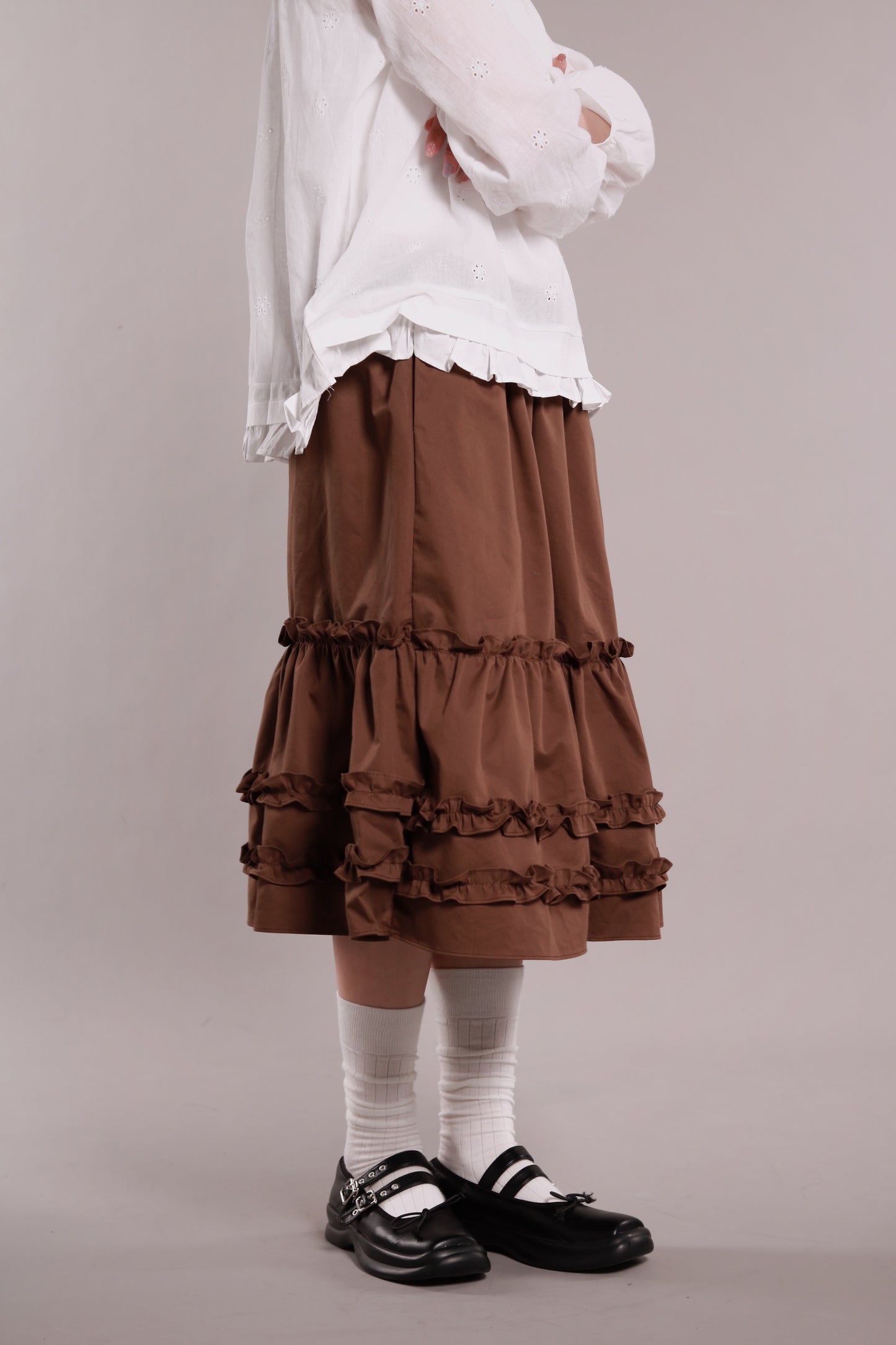 Doll Ruffle Midi Skirt (Brown)