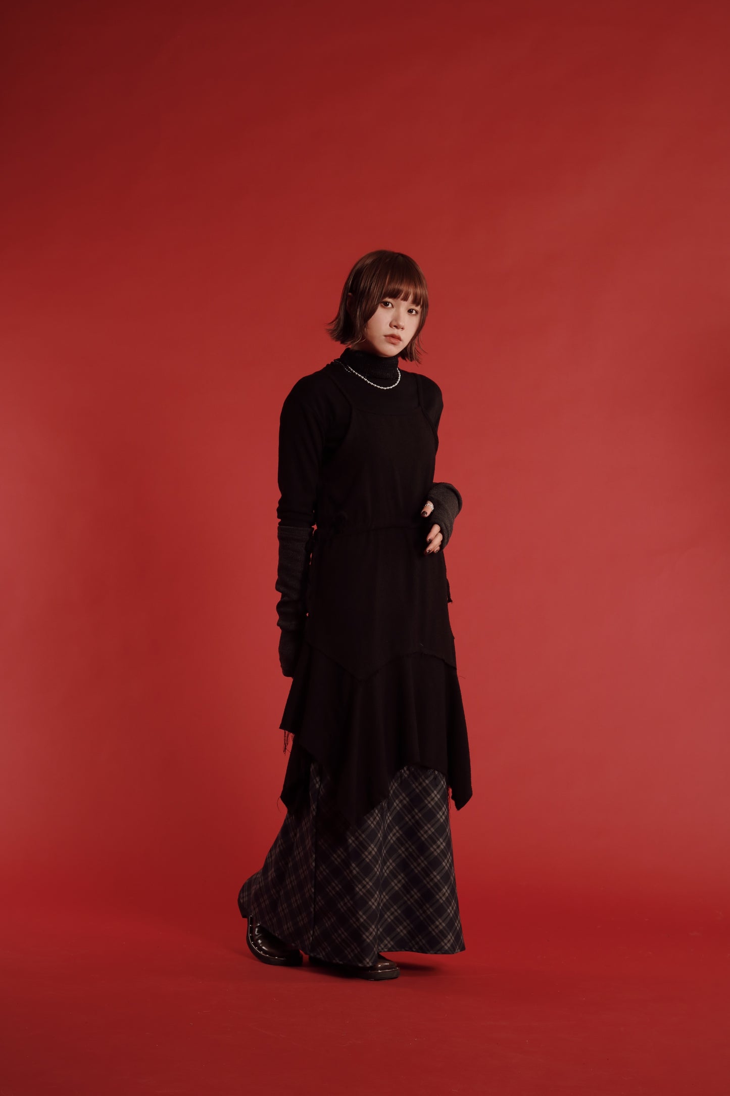 Checkered Slit Skirt (Navy)