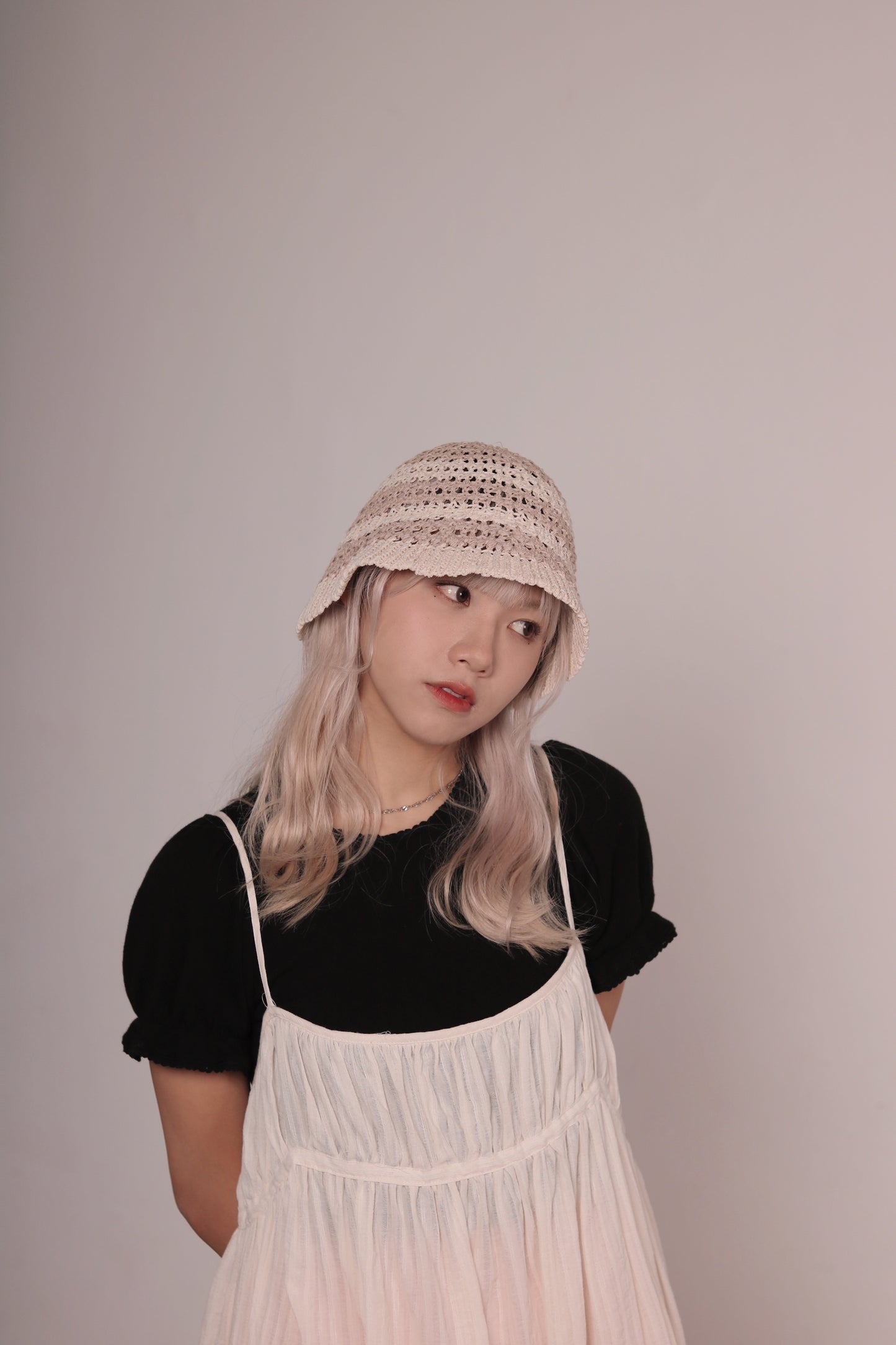 Striped Knit Hat (Beige/Black/Purple)