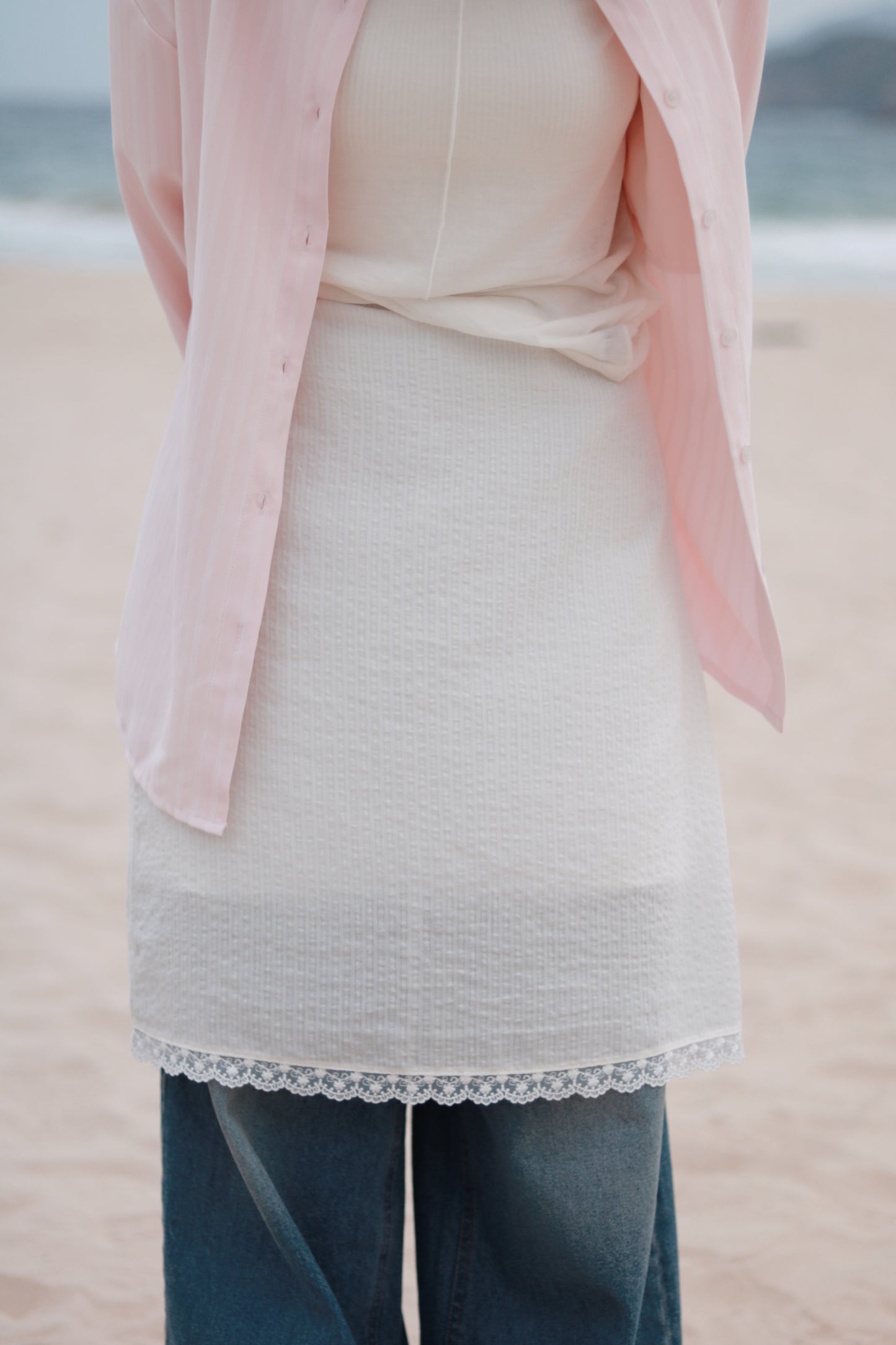 Striped  Lace Mini Skirt (White)