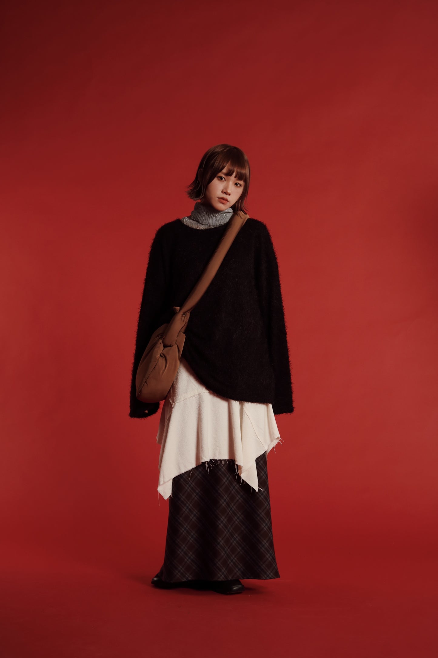 Checkered Slit Skirt (Brown)