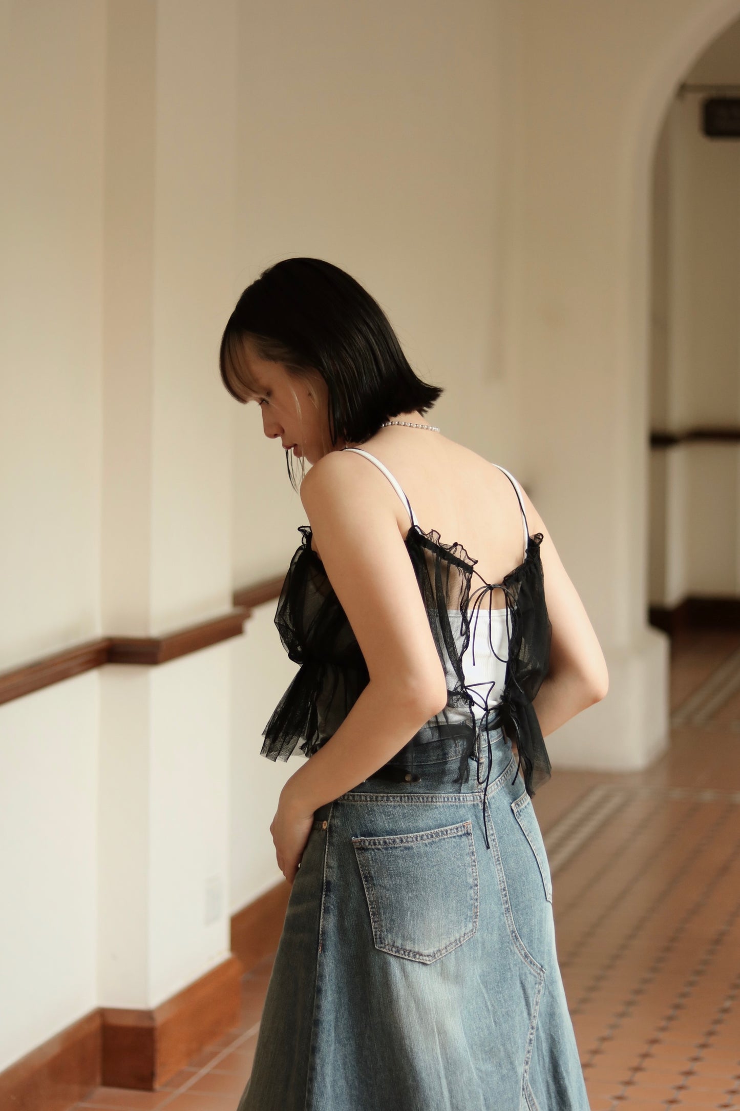 See Through Ribbon Vest (Black)