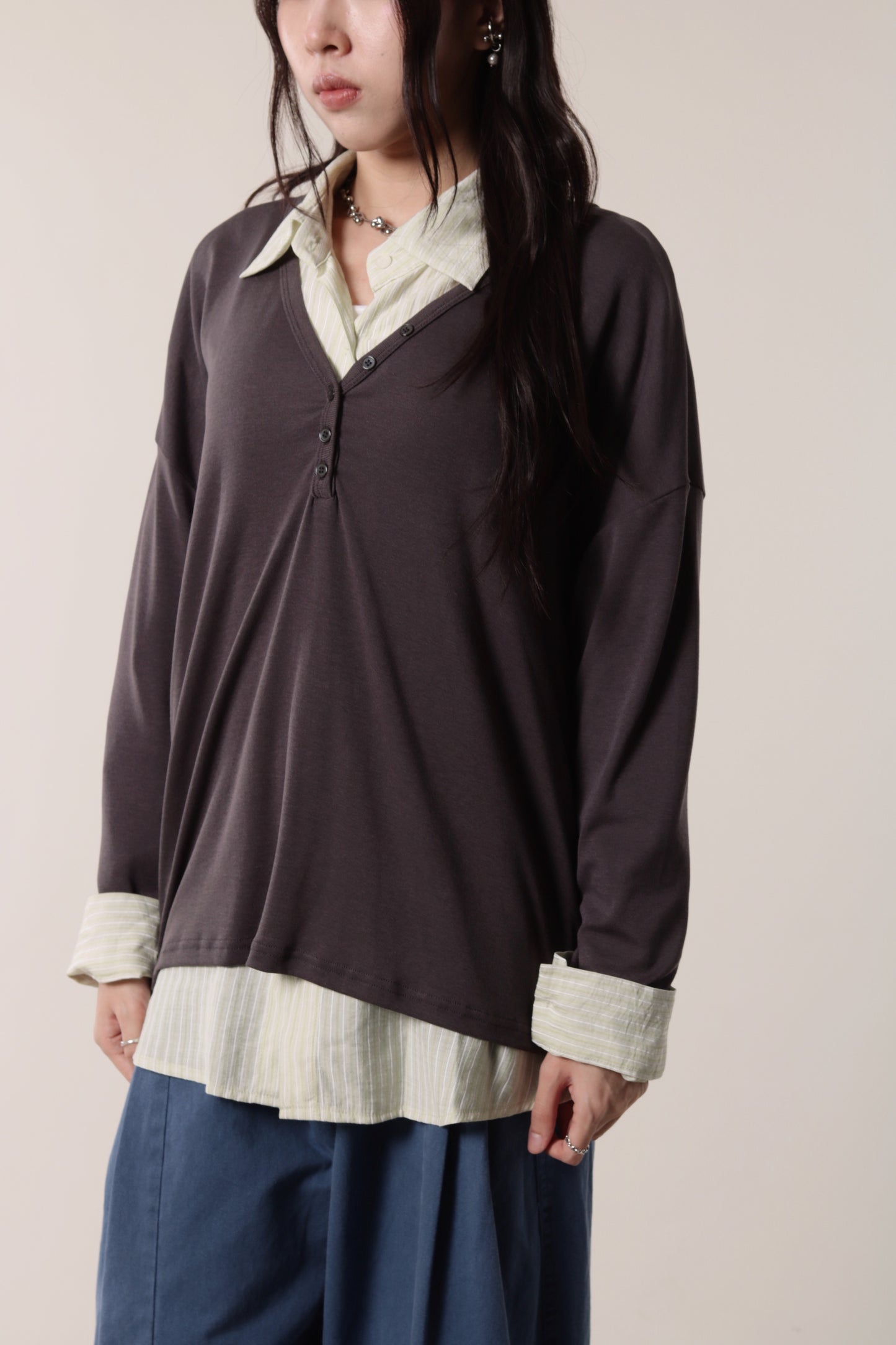 Lazy Button Long Tee (Charcoal)