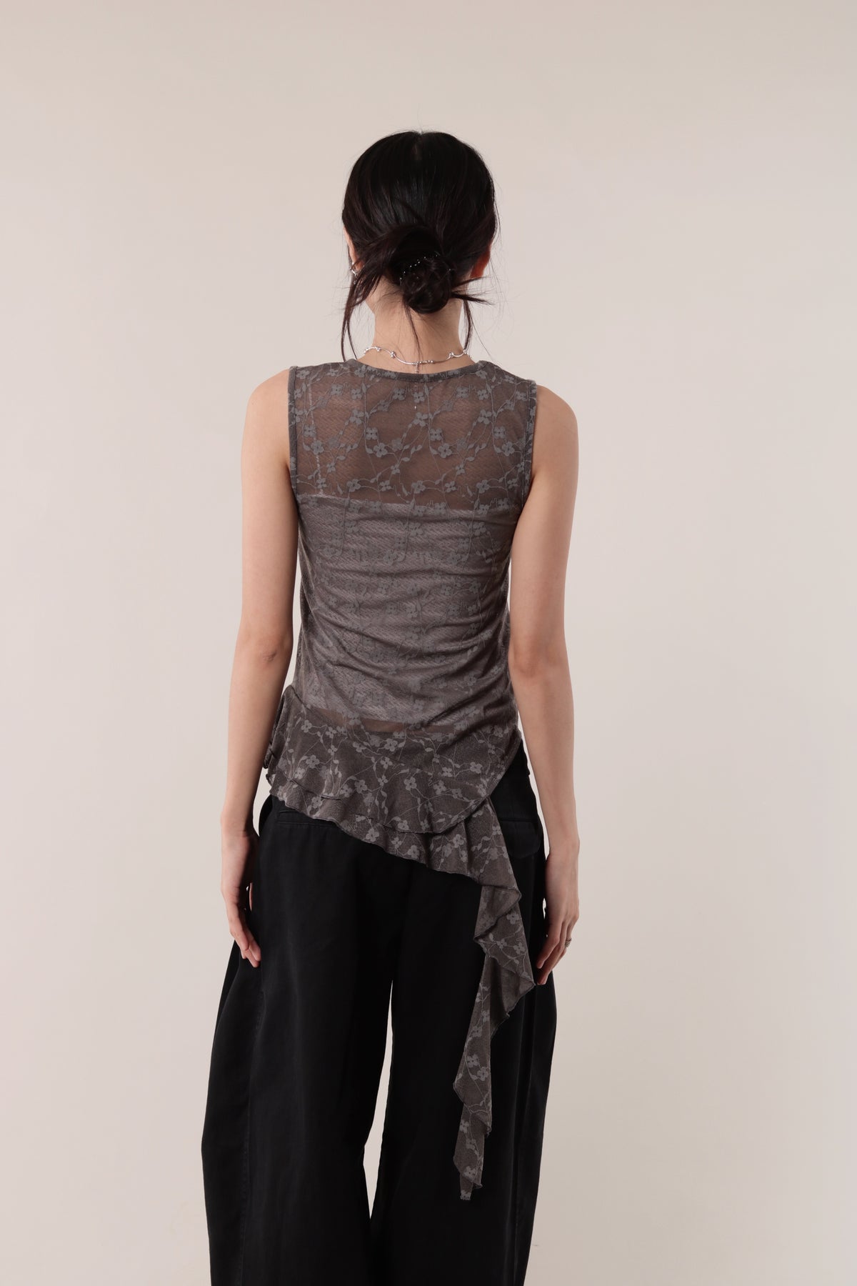 Mesh Flower Sleeveless Top (Charcoal)