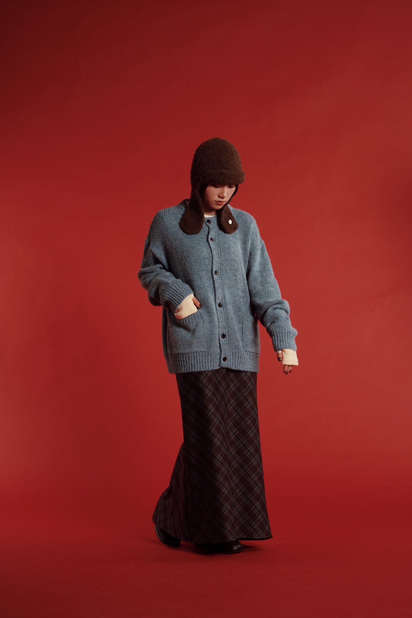 Checkered Slit Skirt (Brown)