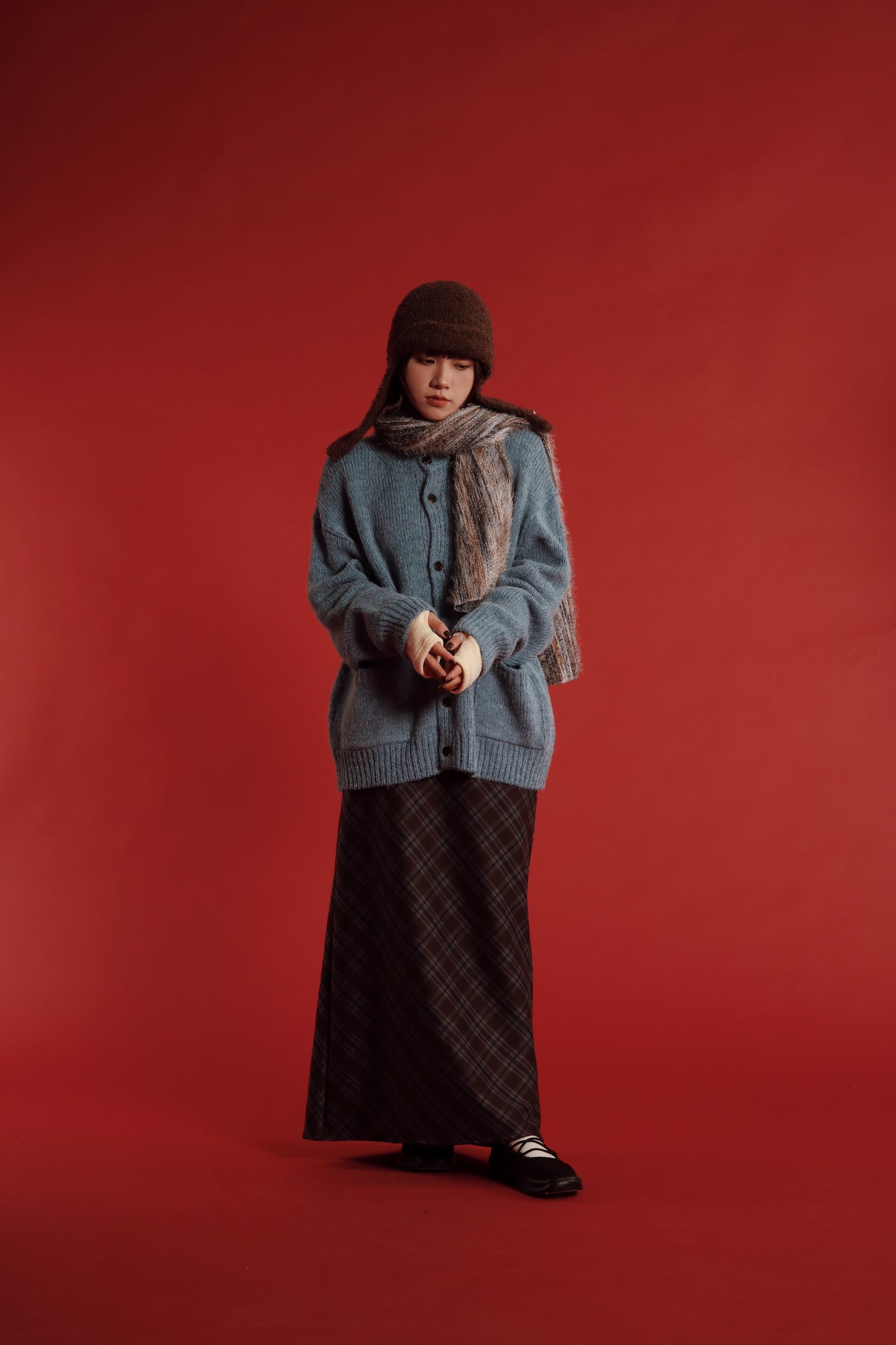 Checkered Slit Skirt (Brown)