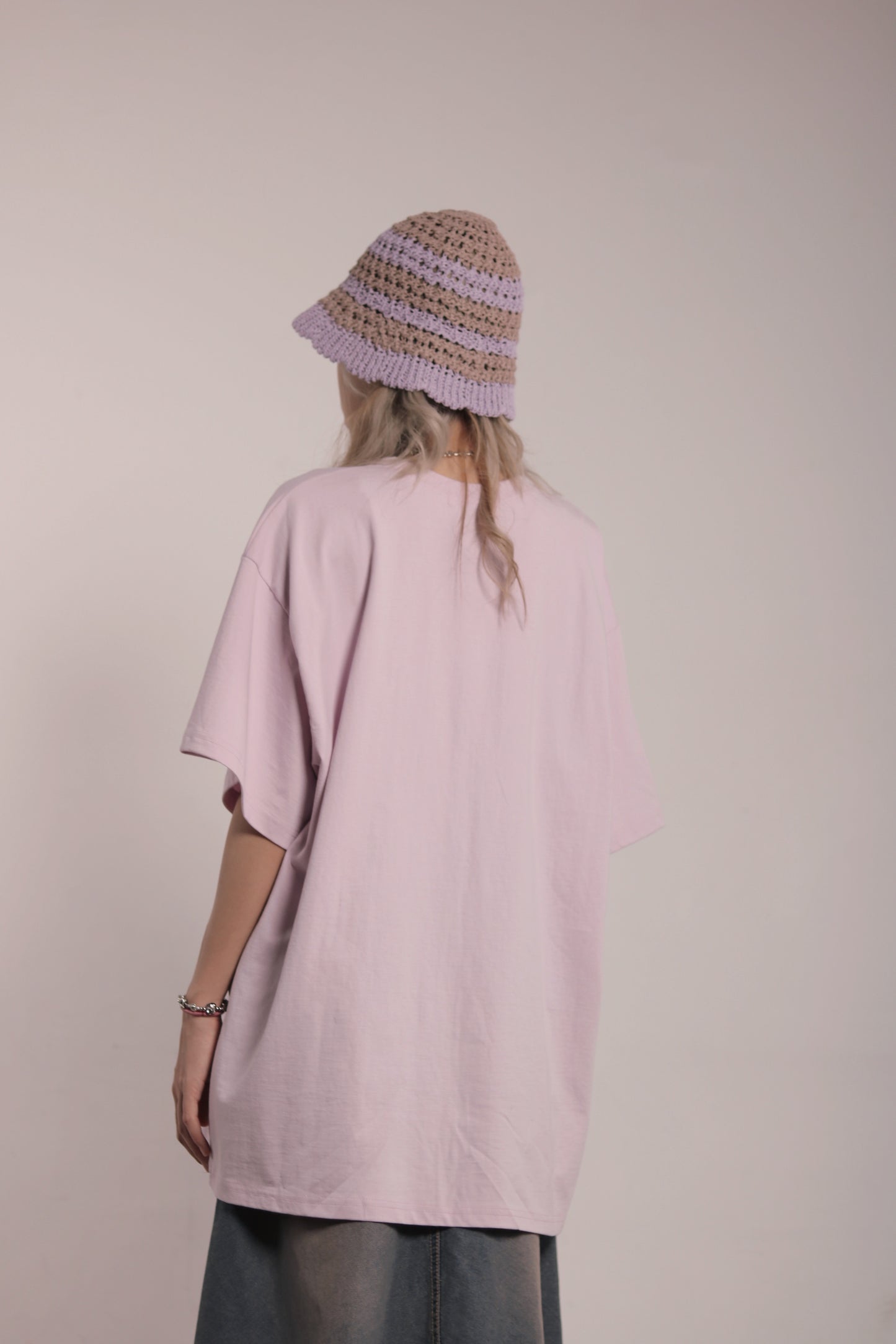 Striped Knit Hat (Beige/Black/Purple)
