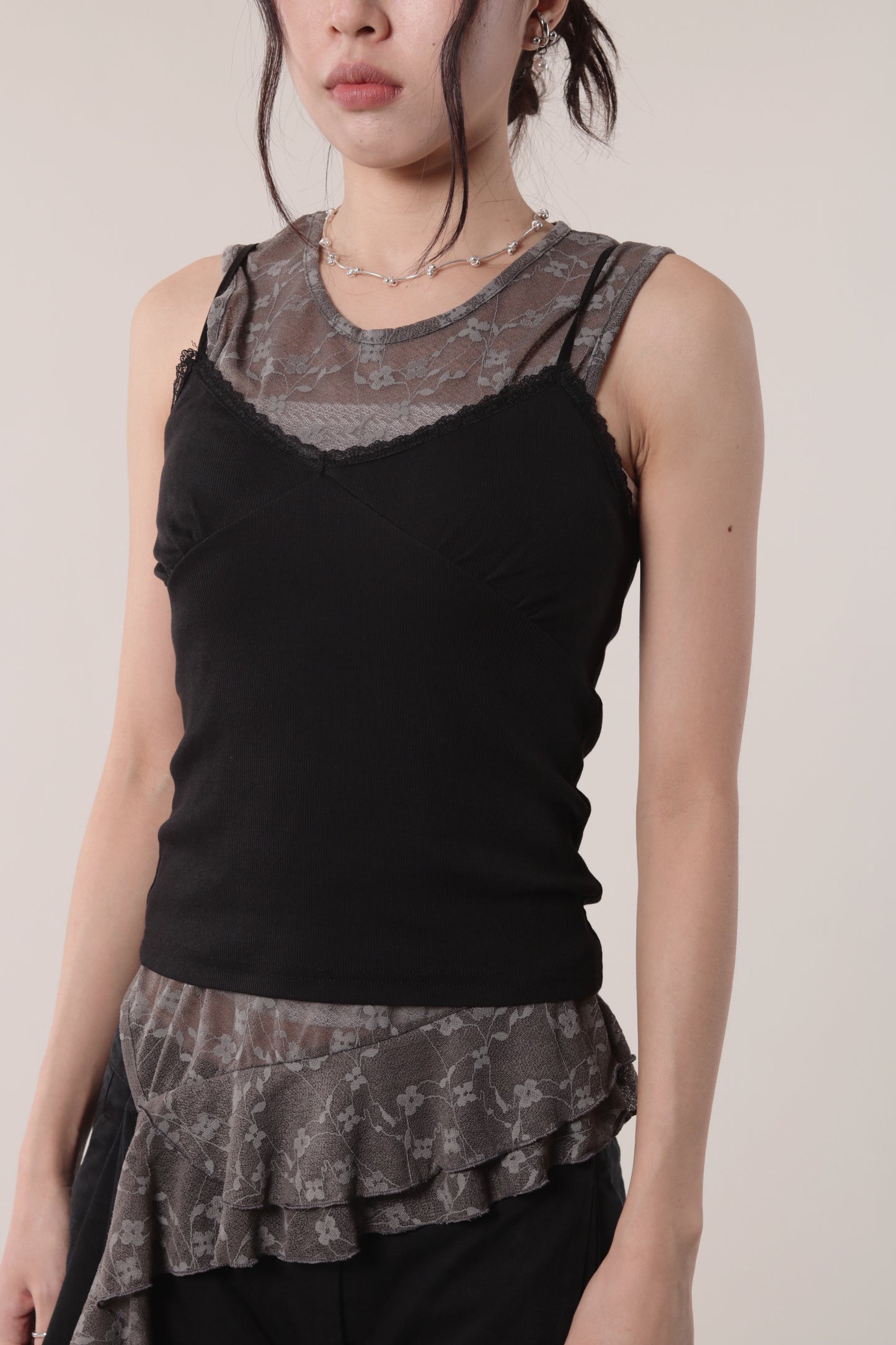 Mesh Flower Sleeveless Top (Charcoal)