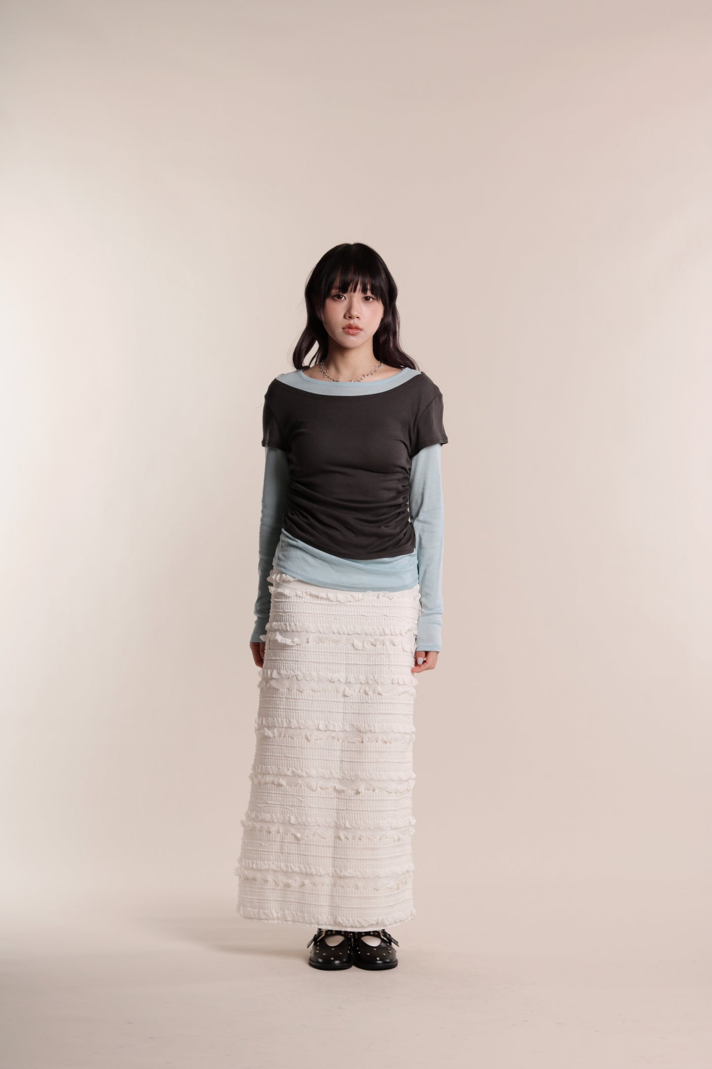 Textured Ruffle Maxi Skirt (Ivory)
