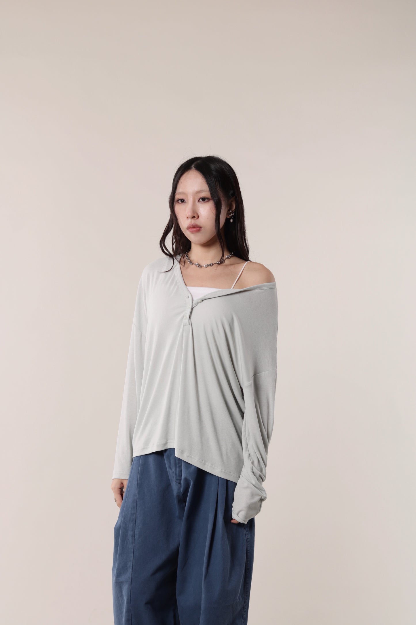 Lazy Button Long Tee (Mint Grey)