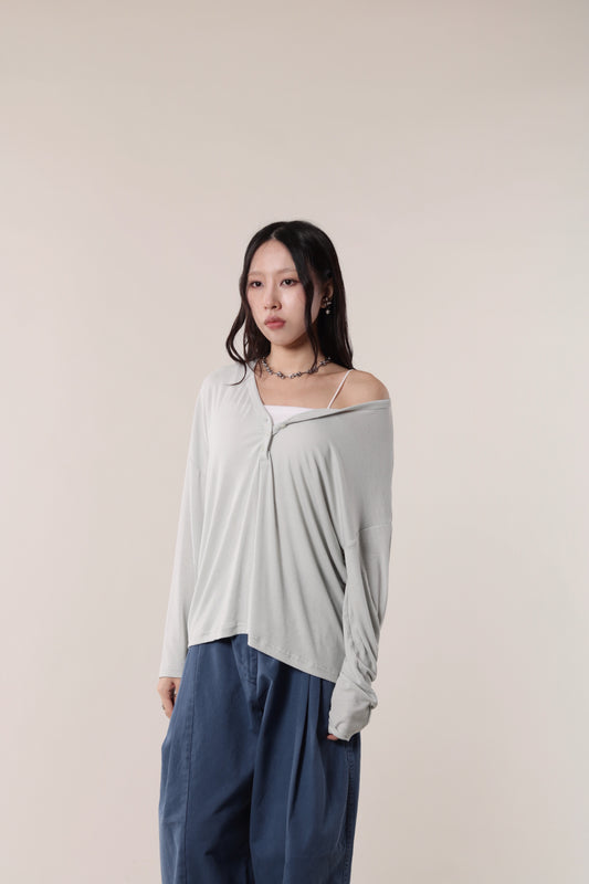 Lazy Button Long Tee (Mint Grey)