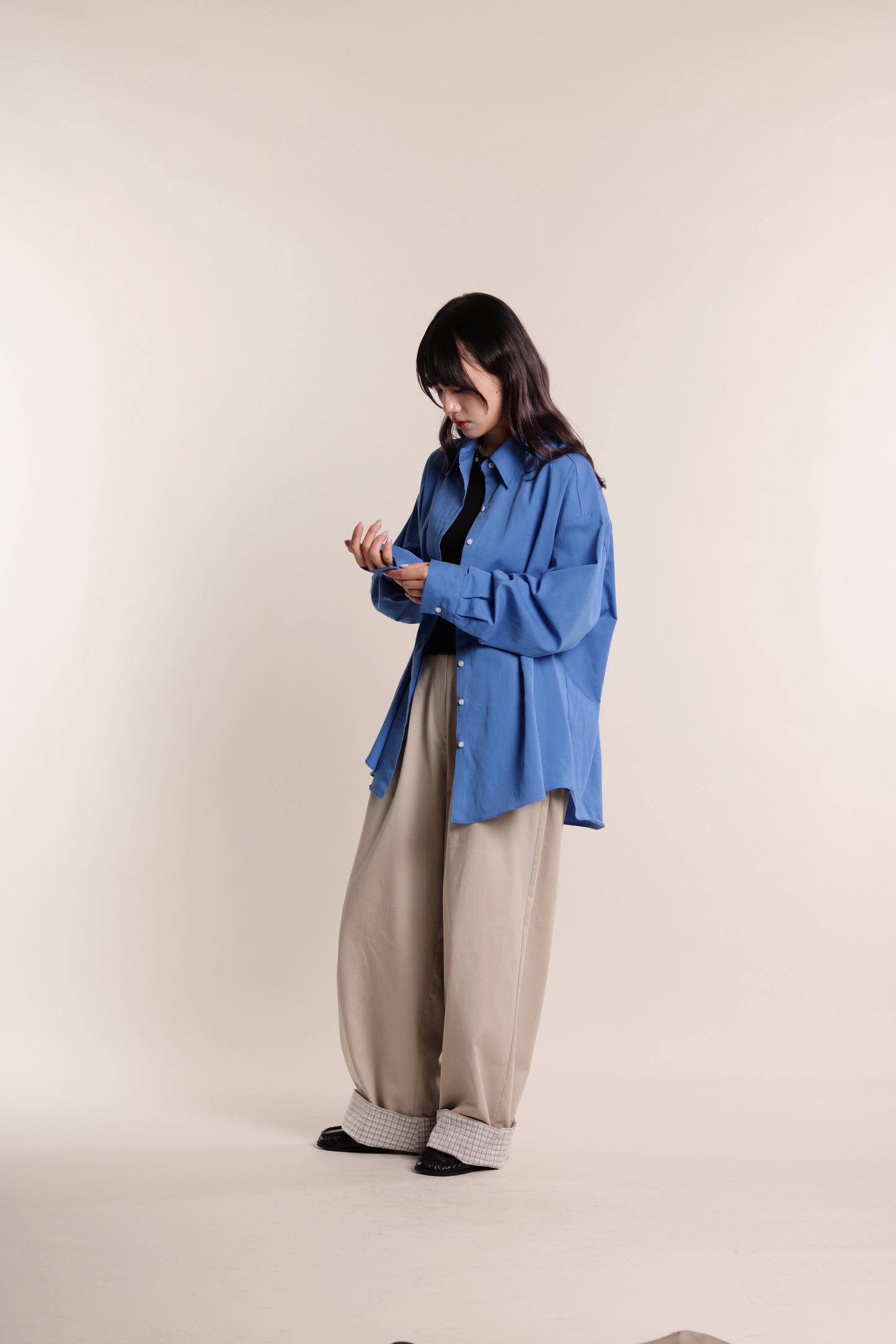 Check Detail Pleated Pants (Beige)