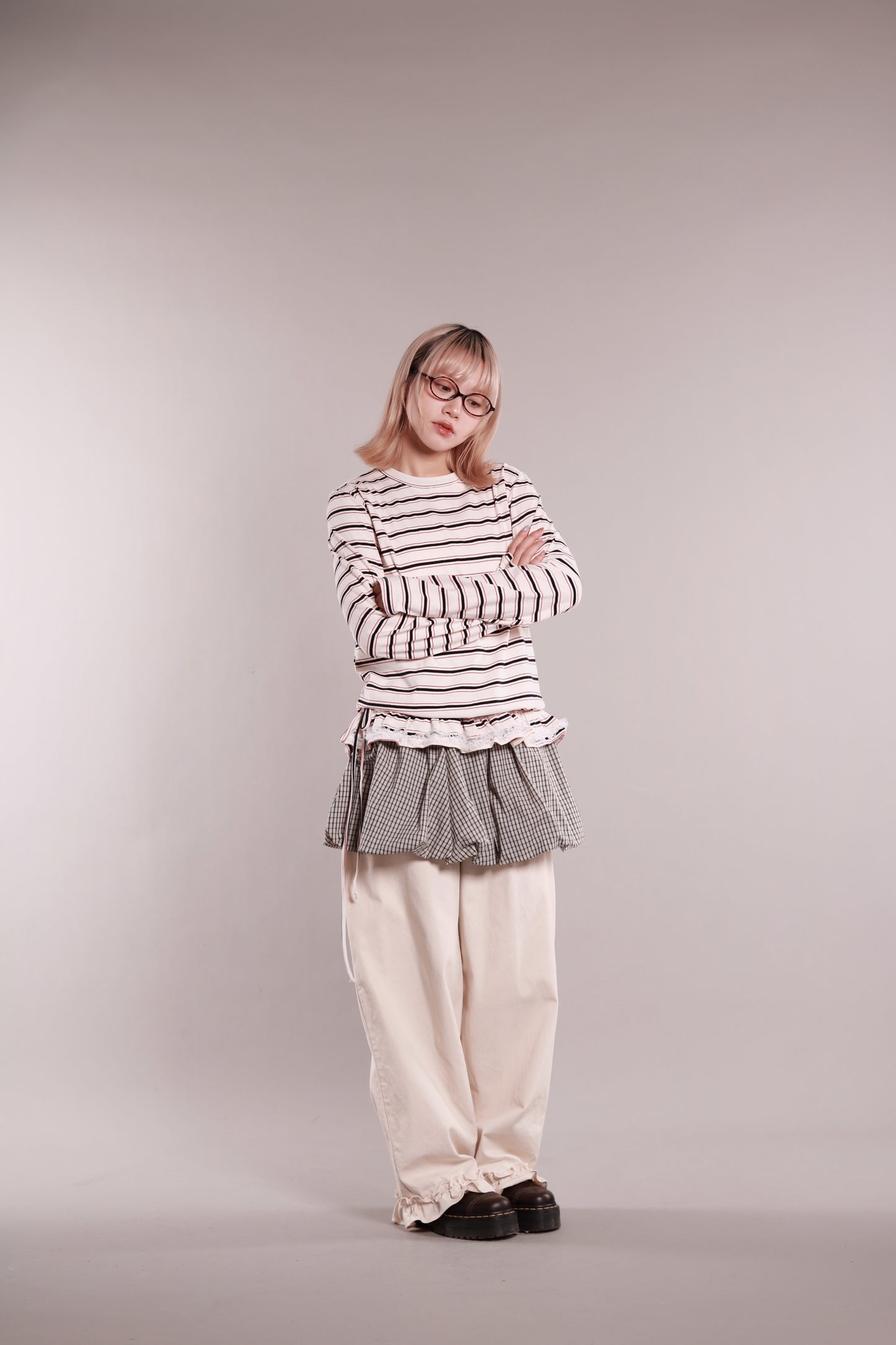 Frilled Lace Stripe Top (Ivory)