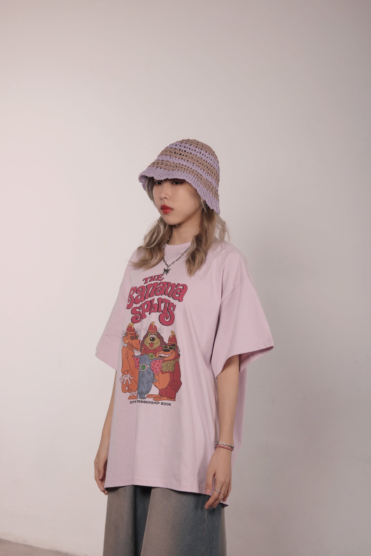 Striped Knit Hat (Beige/Black/Purple)