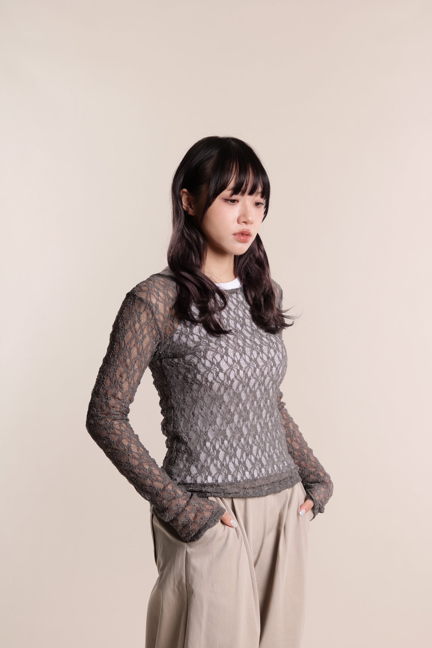 Lace Long Sleeve Top (Grey)