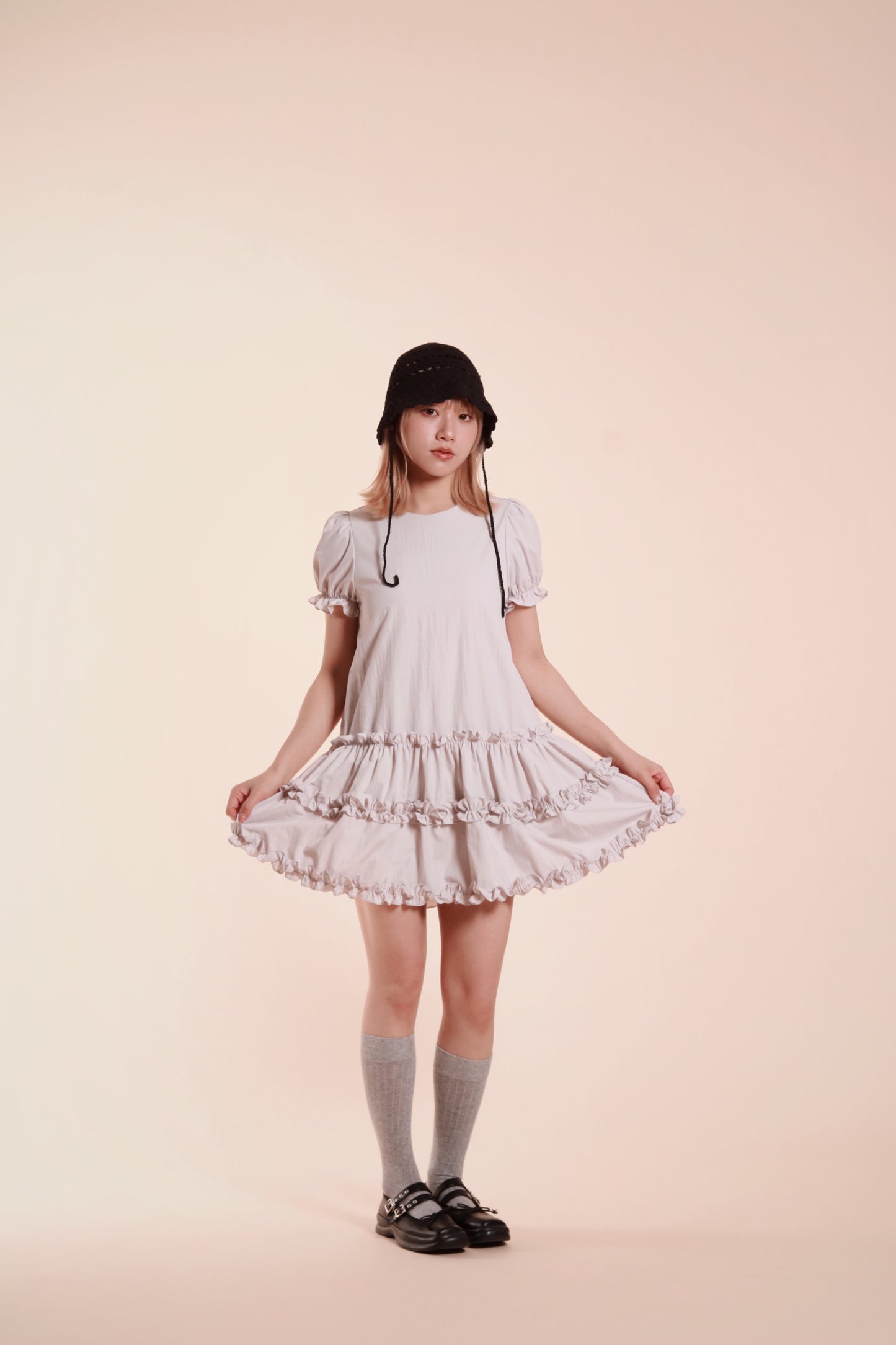 Doll Puff Sleeve Mini Dress (Grey)