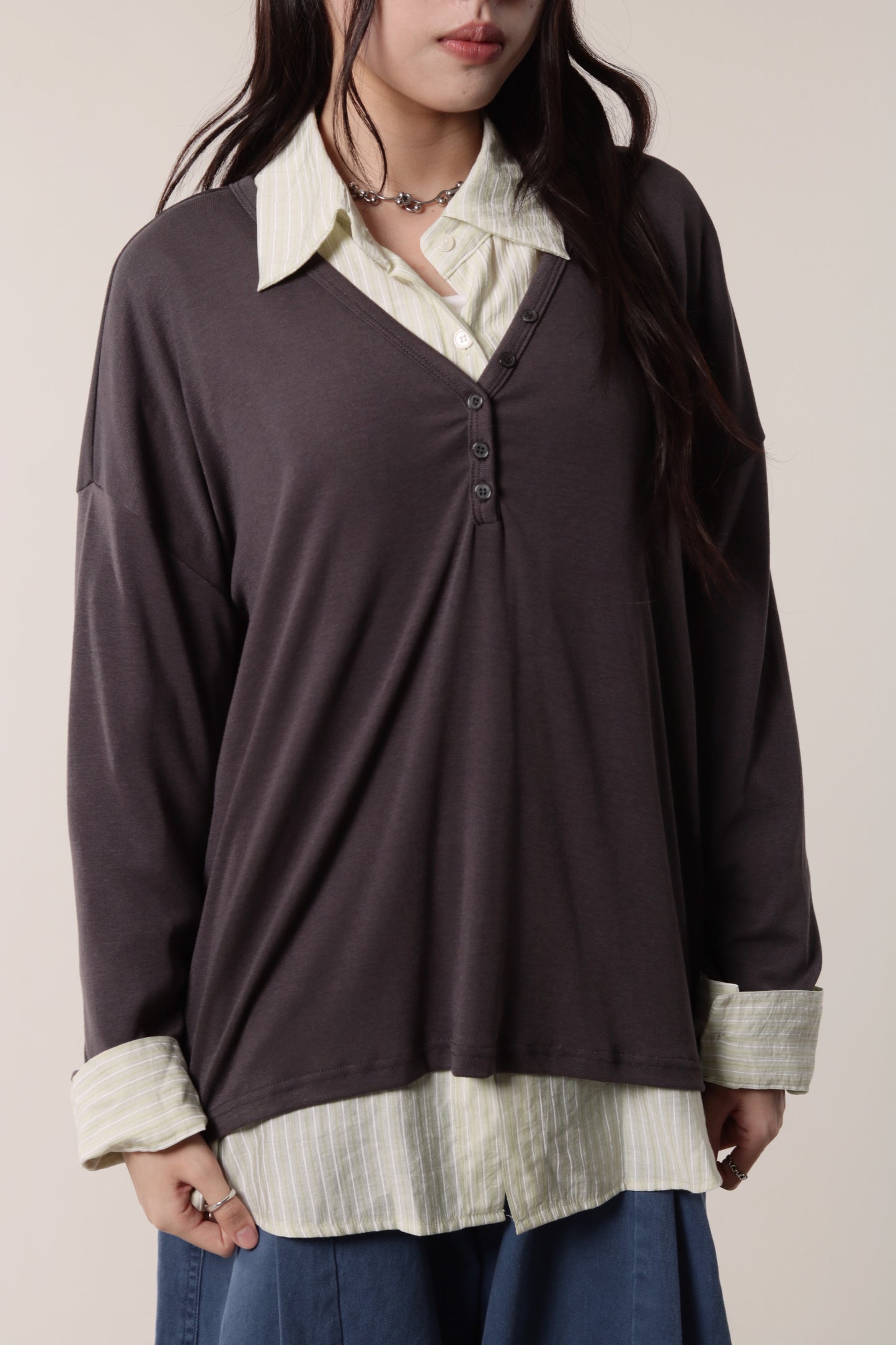 Lazy Button Long Tee (Charcoal)