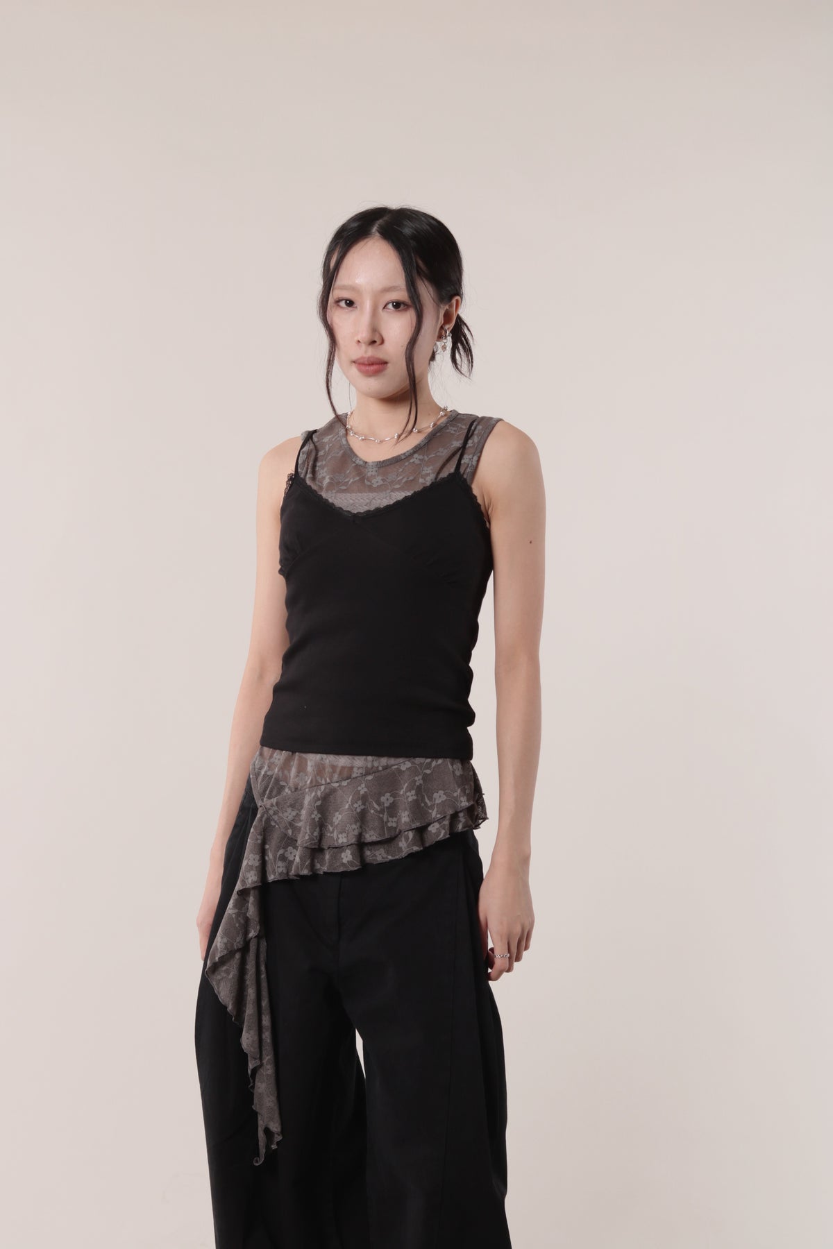 Mesh Flower Sleeveless Top (Charcoal)