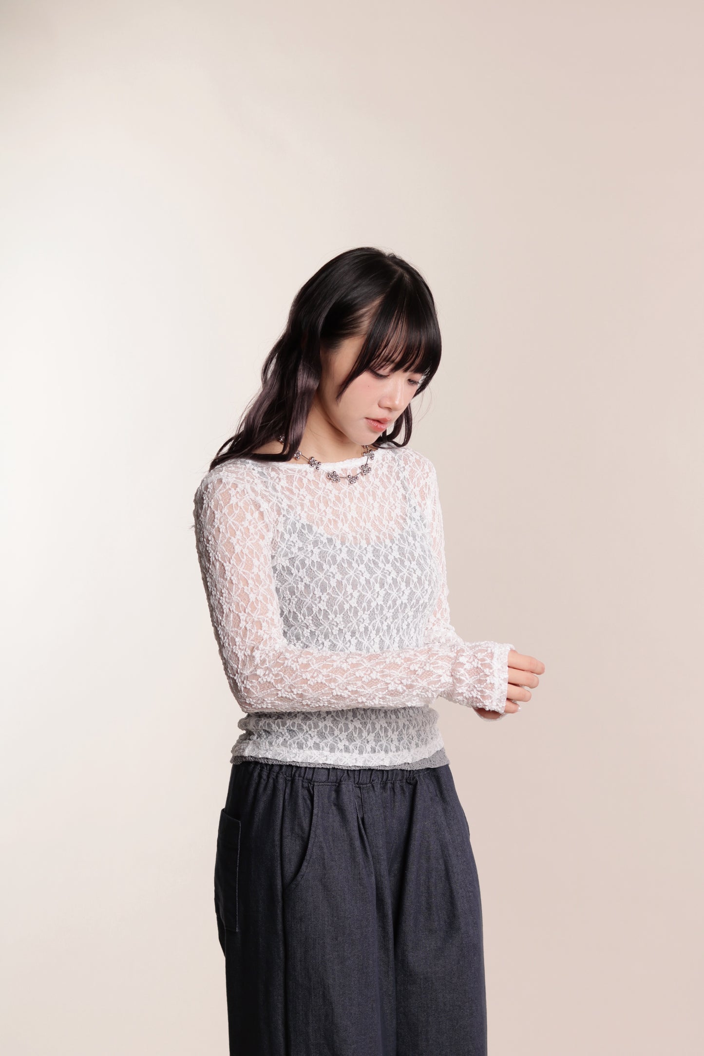 Lace Long Sleeve Top (White)