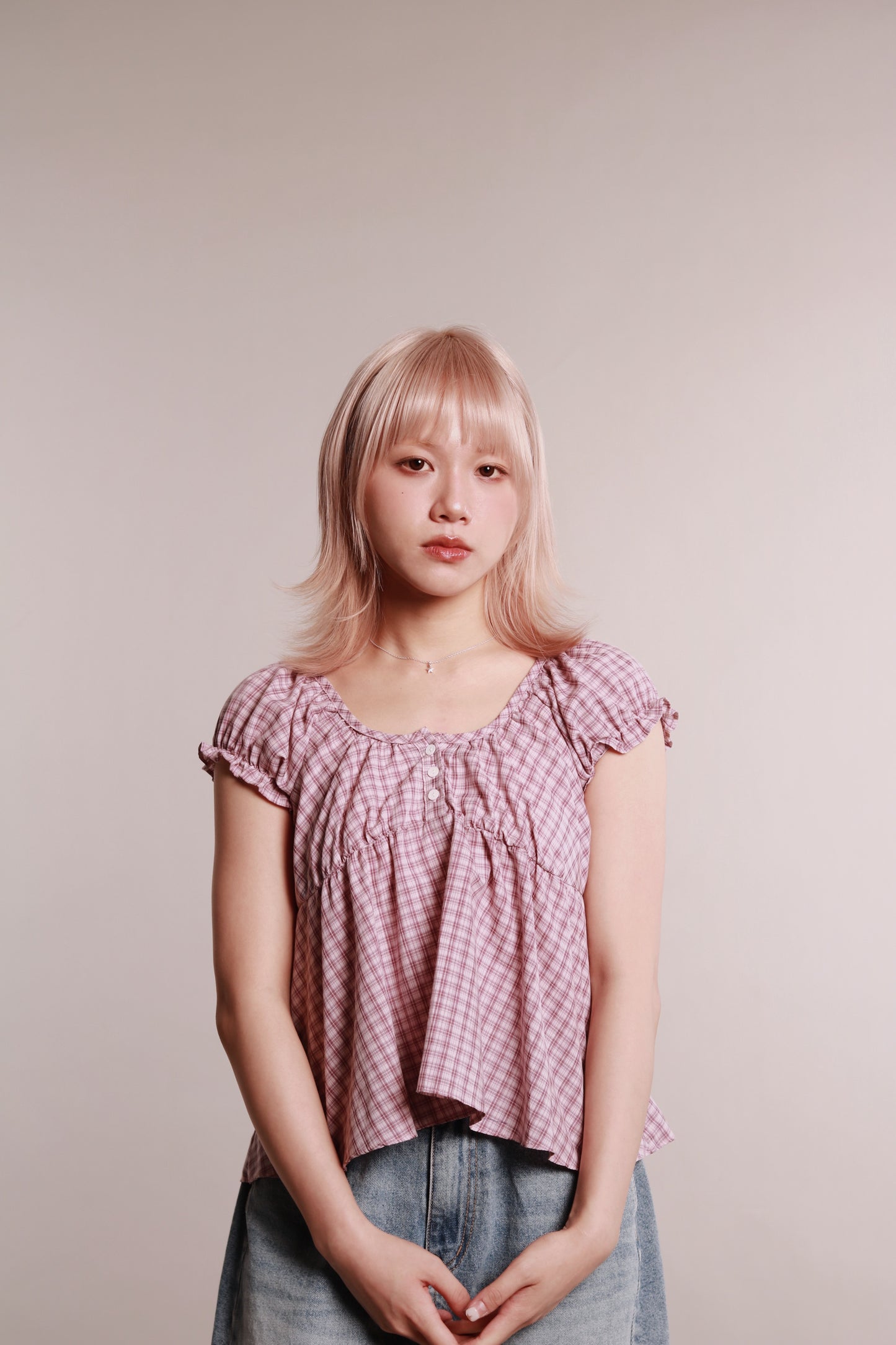 Plaid Button Blouse (Pink)