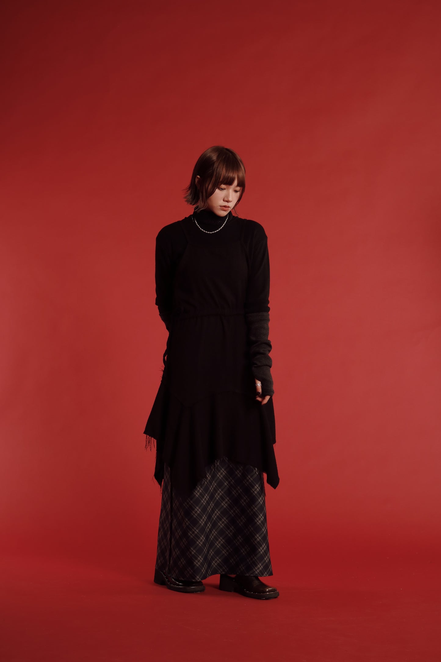 Checkered Slit Skirt (Navy)