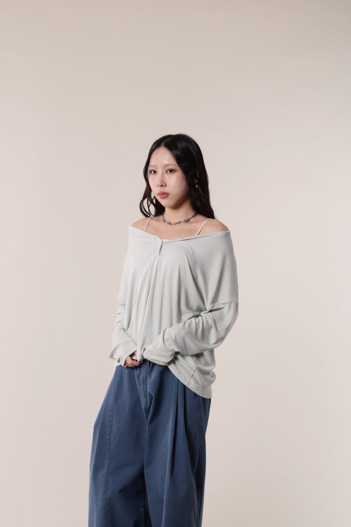 Lazy Button Long Tee (Mint Grey)