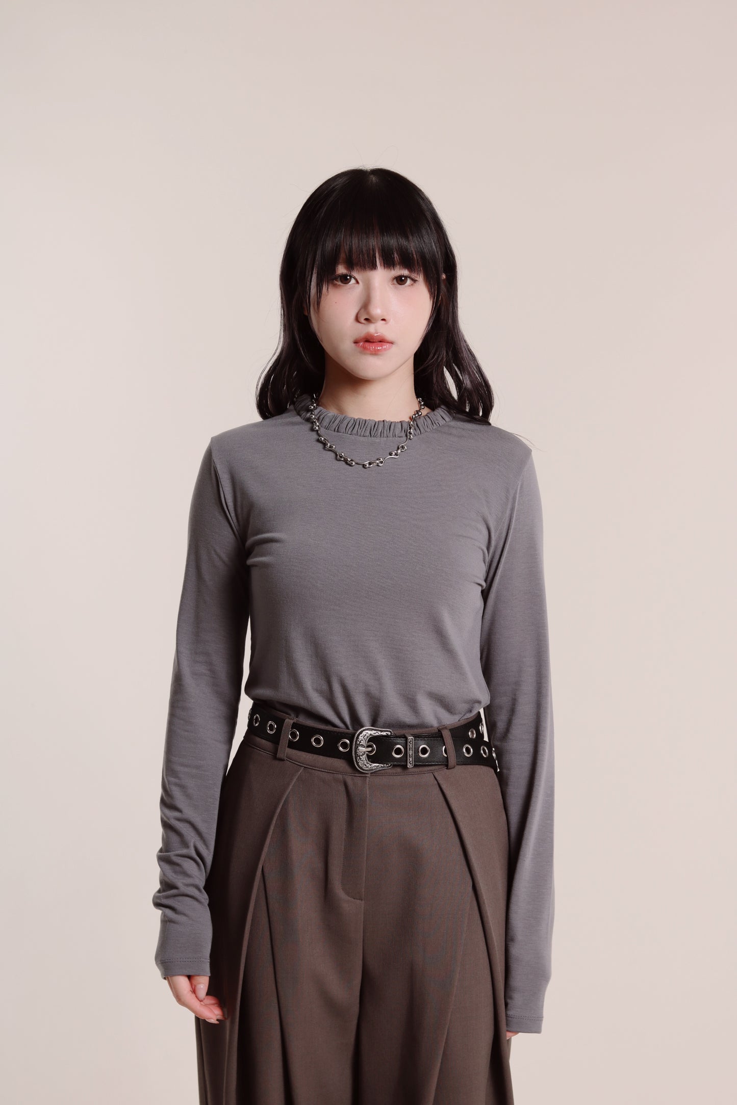 Soft Gathered Neck Top (Charcoal)