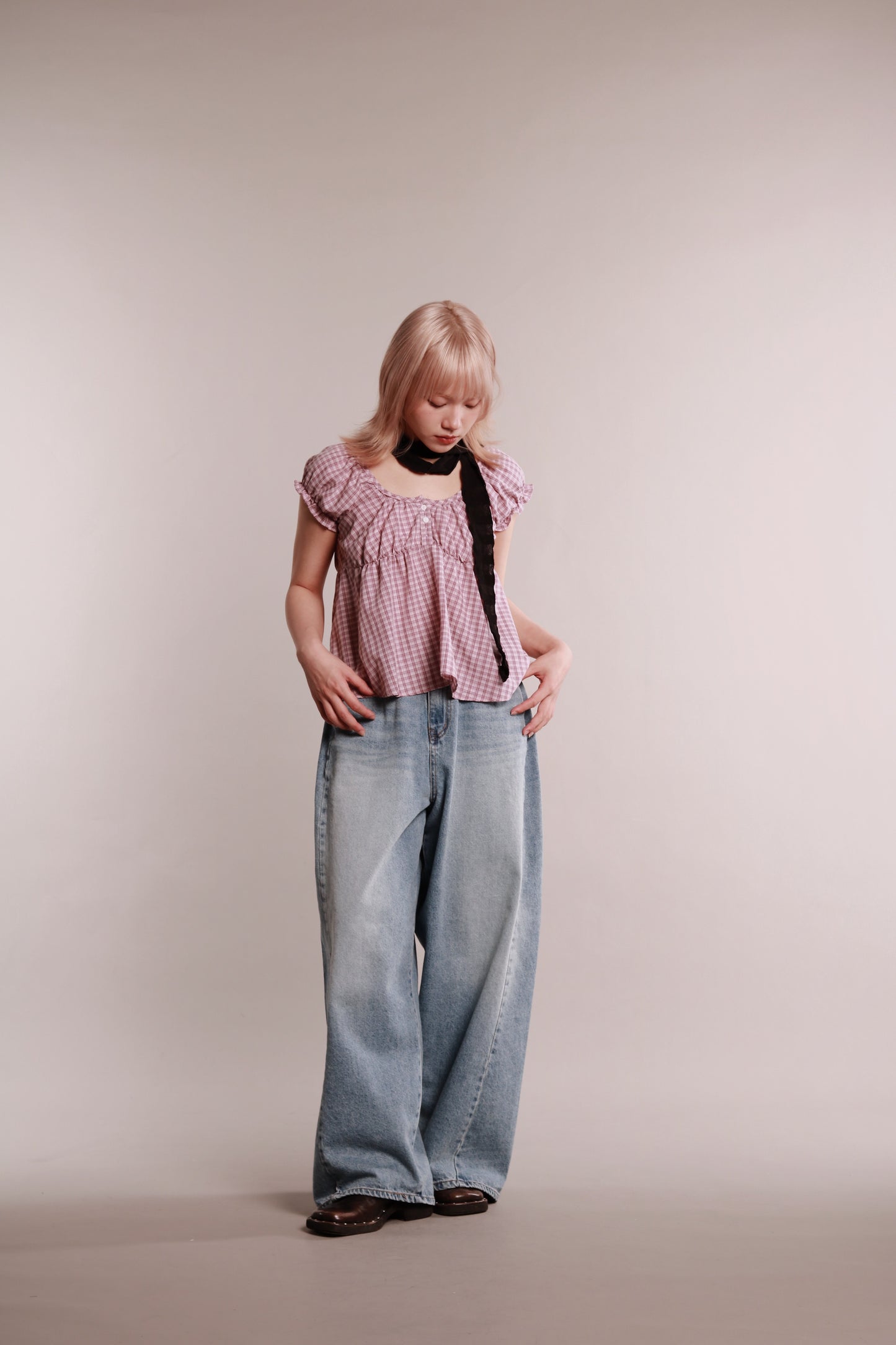 Plaid Button Blouse (Pink)