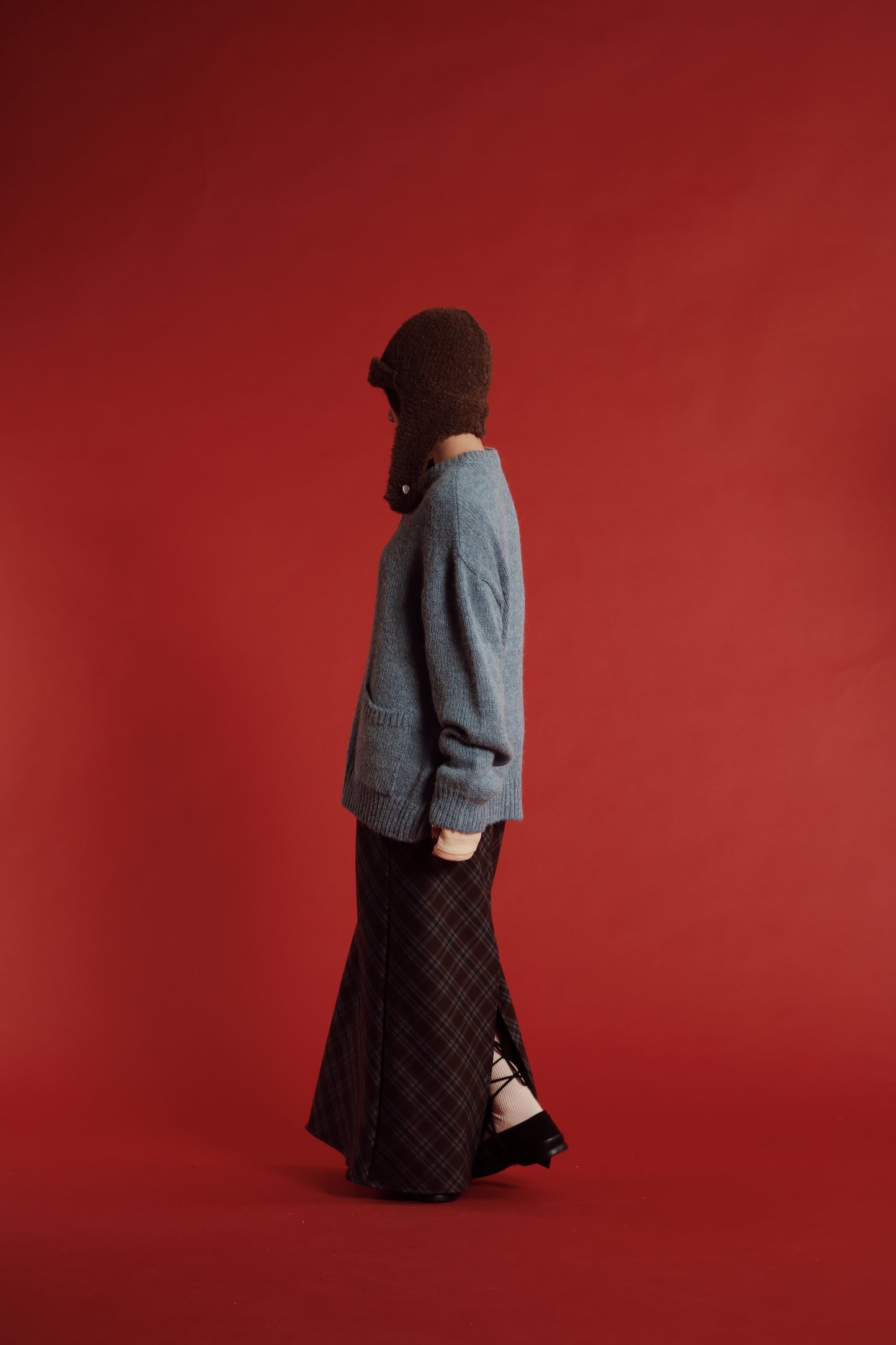 Checkered Slit Skirt (Brown)