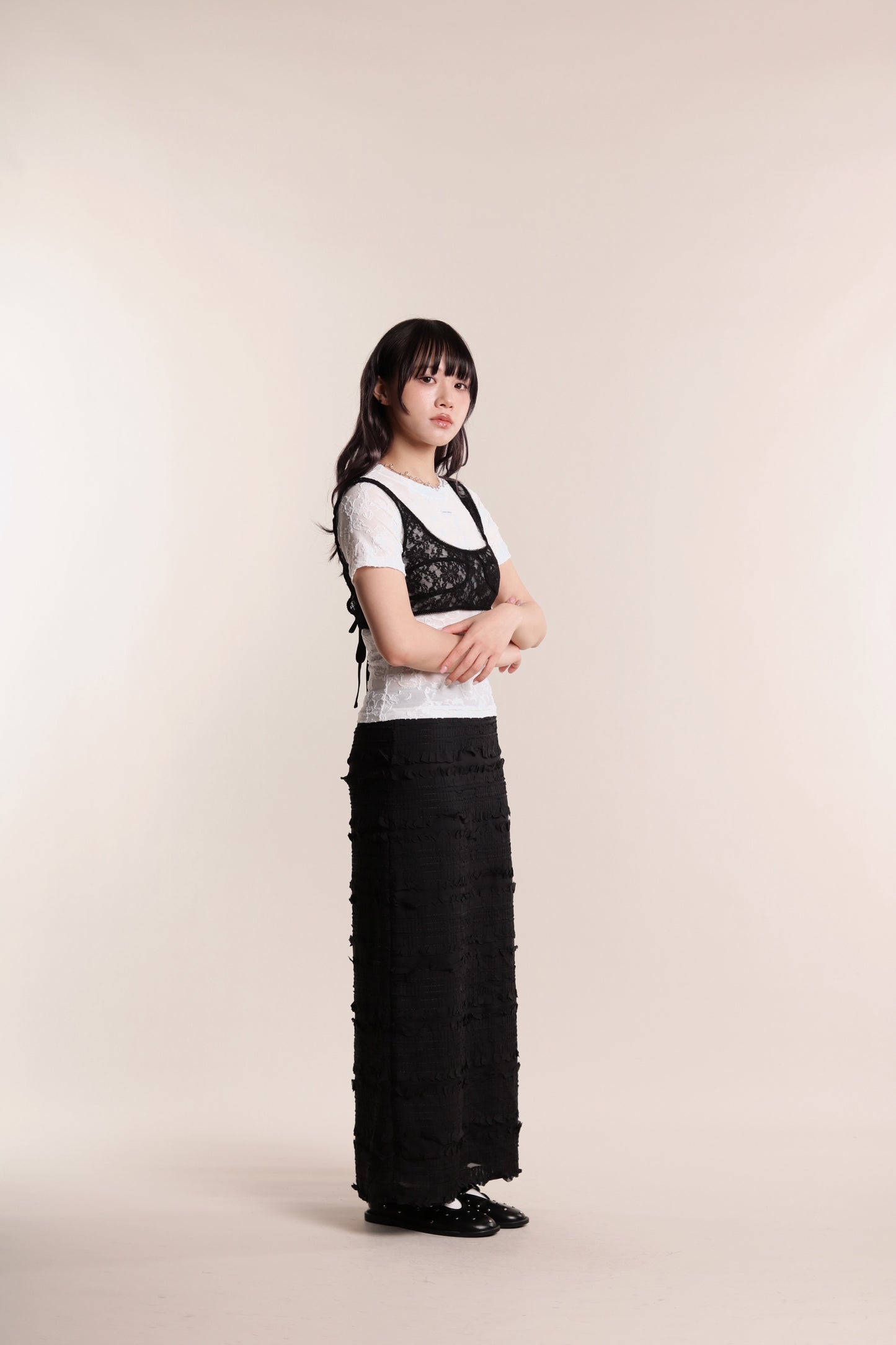 Textured Ruffle Maxi Skirt (Black)