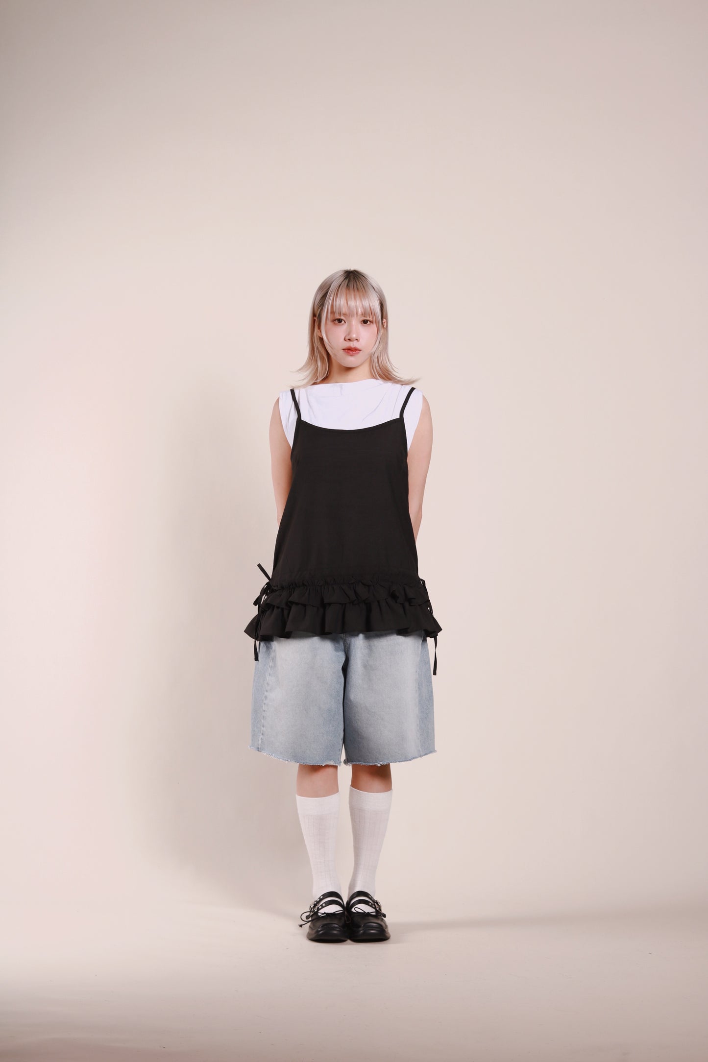 Double Ruffle Sleeveless Top (Black)