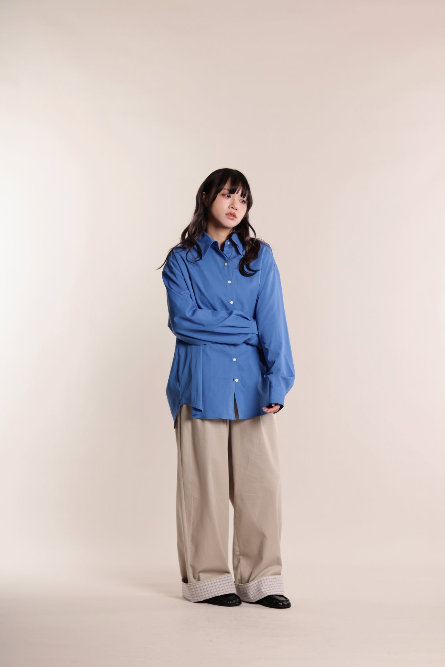 Check Detail Pleated Pants (Beige)
