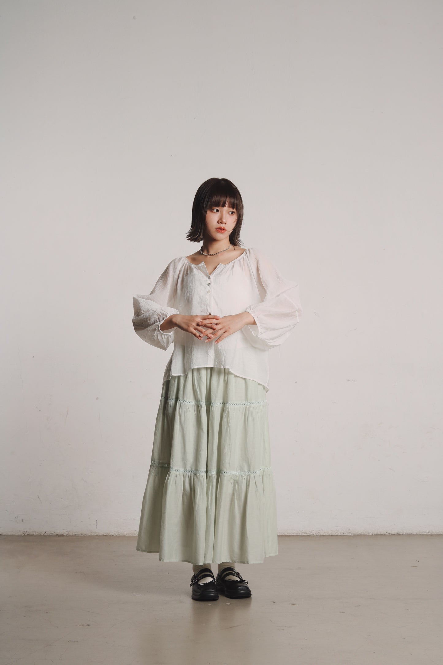 See Through Puff Sleeve Blouse (White)