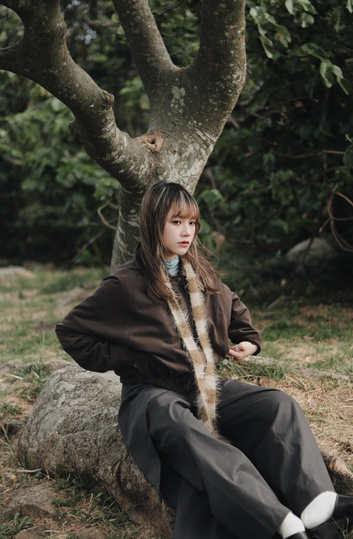 Cropped Blouson Jacket (Brown)