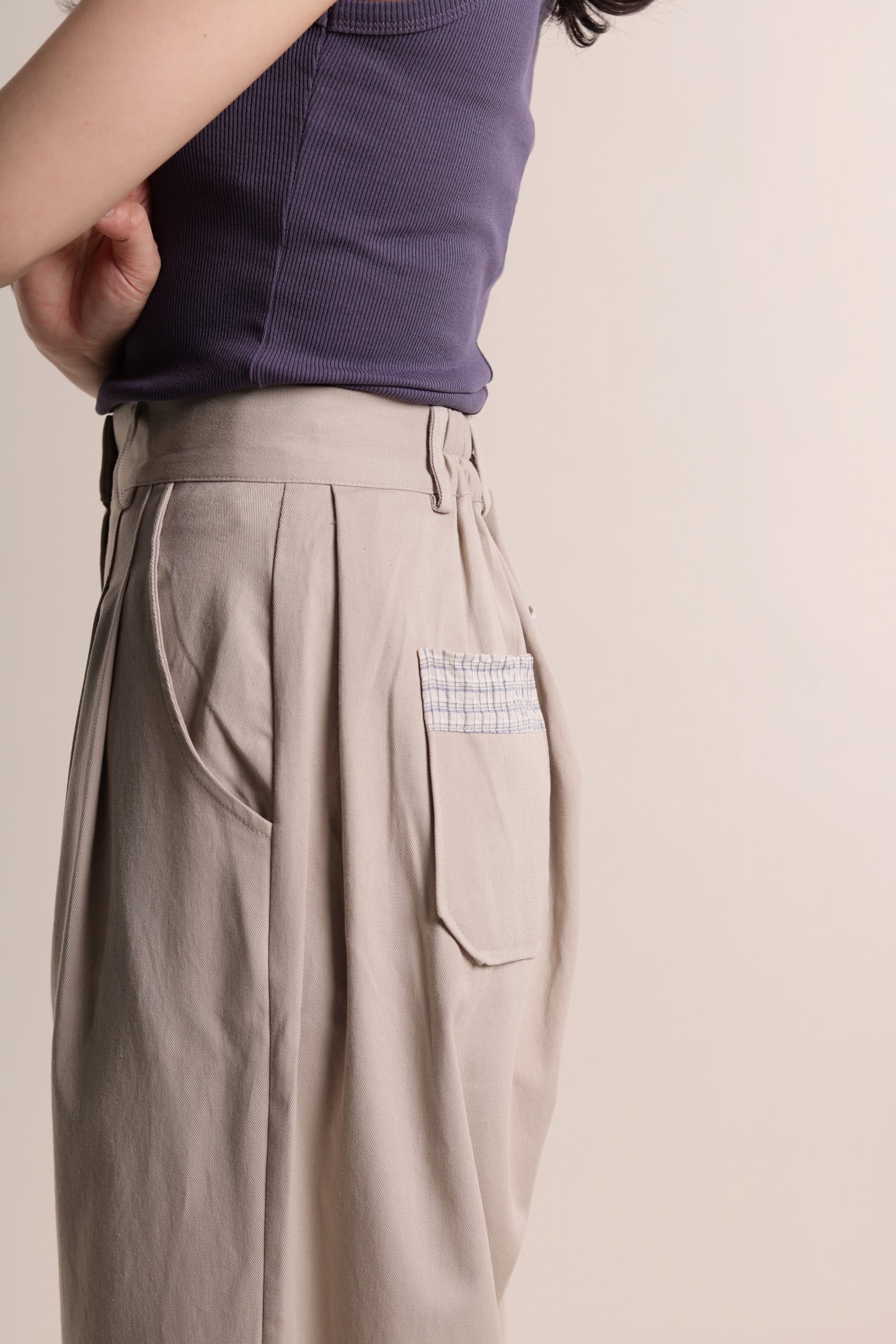 Check Detail Pleated Pants (Beige)