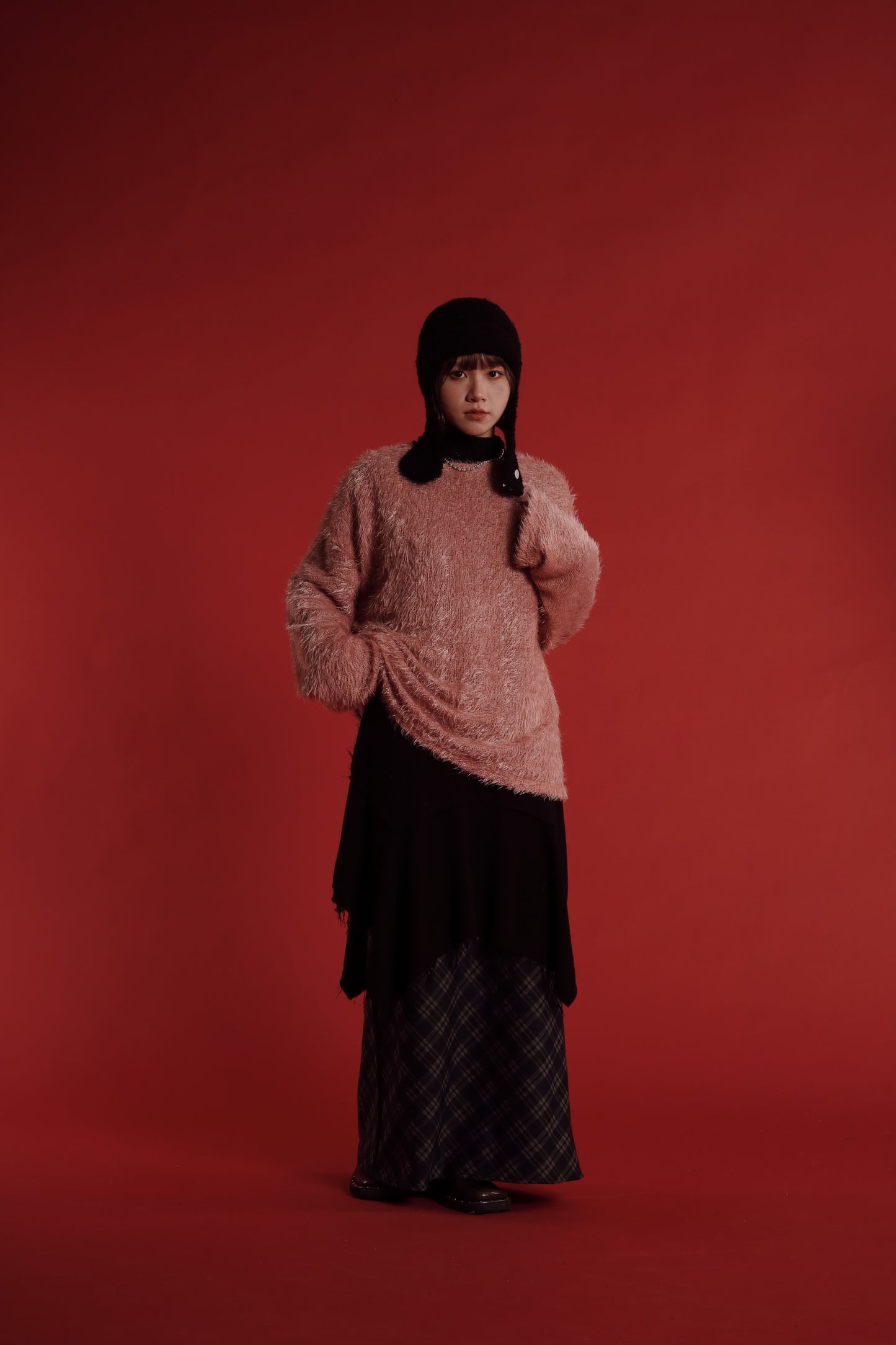 Checkered Slit Skirt (Navy)