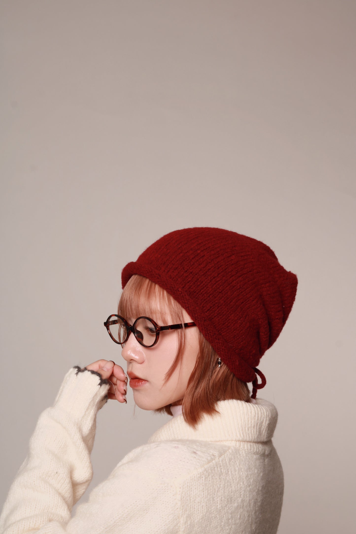 Gathered Ribbon Beanie (Beige/Black/Charcoal/Pink/Red)