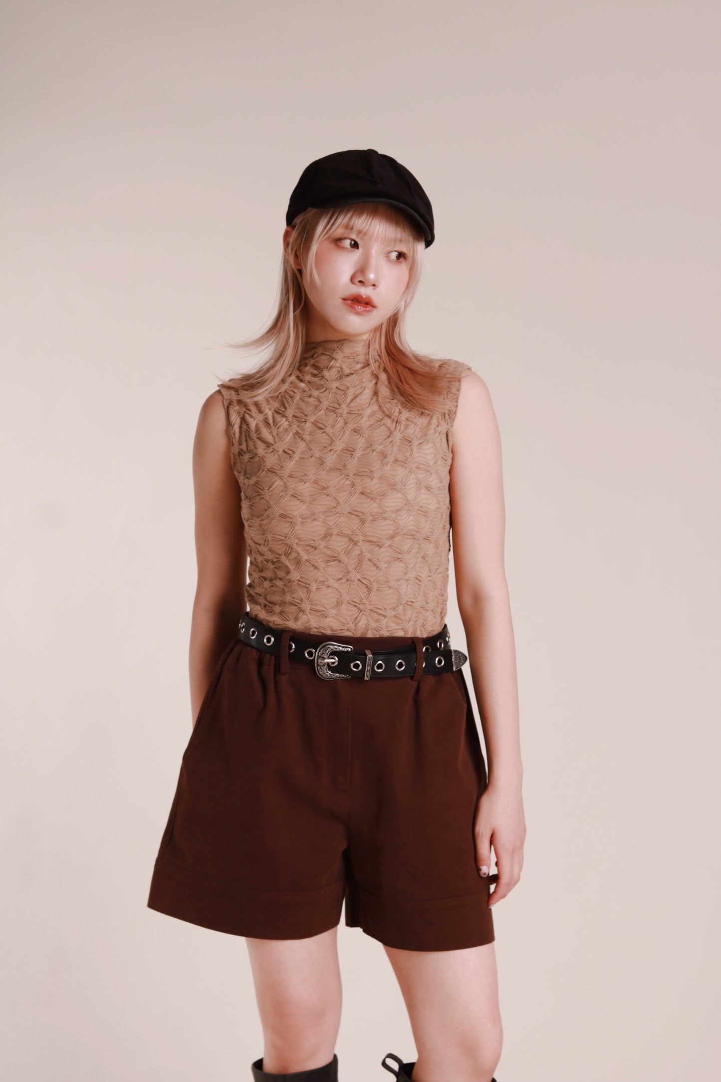 Autumn Gathered Sleeveless Top (Beige)