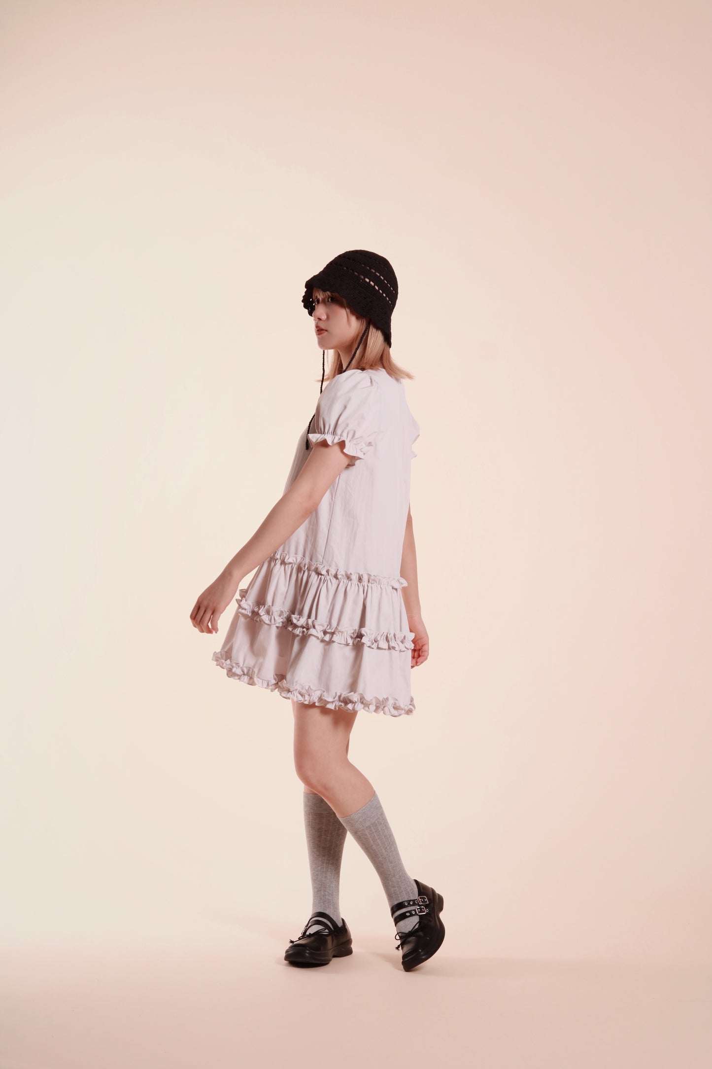 Doll Puff Sleeve Mini Dress (Grey)